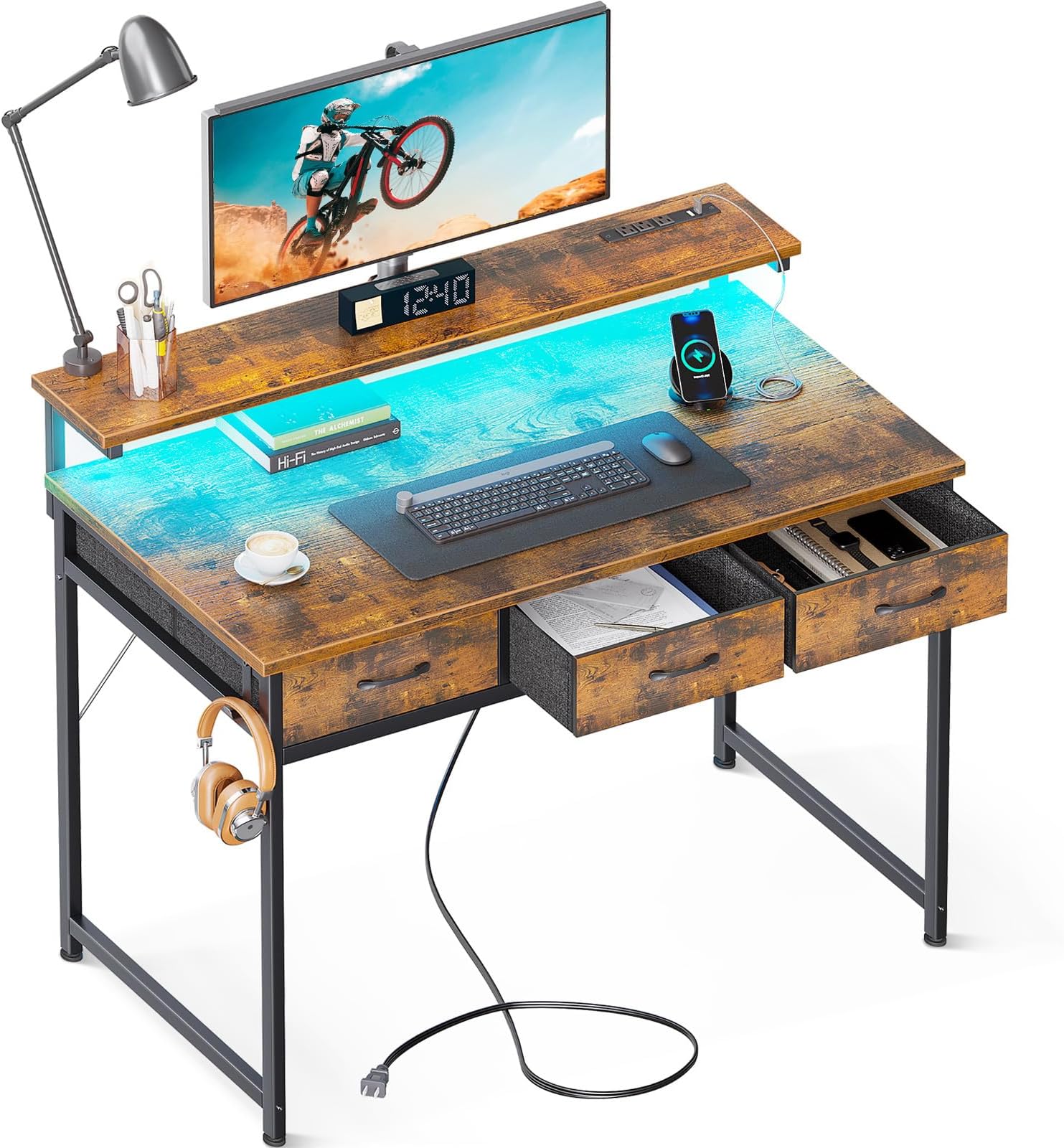 ODK40 Inch Small Computer Desk with 3 Drawers and USB Power Outlets, Home Office Desks with LED Lights and Adjustable Monitor Stand, Work from Home,Modern Work/Writing/Study Table for Bedroom,Vintage