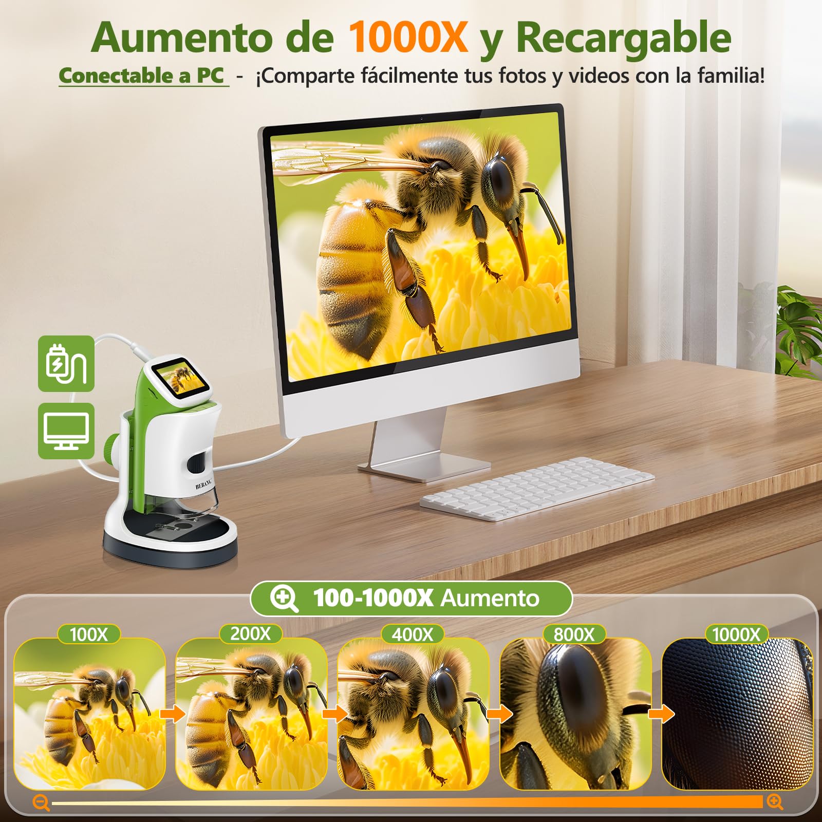 Miniscopio de mano desmontable para niños, pantalla HD 4K de 2 pulgadas, microscopios digitales de juguete de bolsillo 1000X para niños y niñas de 4 a 12 años, kit de tallo científico portátil con