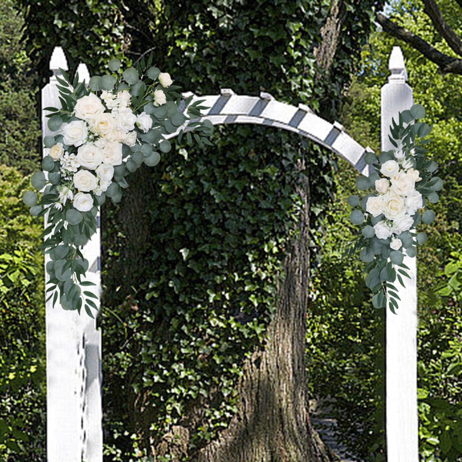 2 Teiliger Hochzeitsbogen mit Blumen, Moderne Künstliche Blumen Und Grünen Blättern Als Willkommensschild Dekoration für Den Empfang Am Valentinstag, Weiß