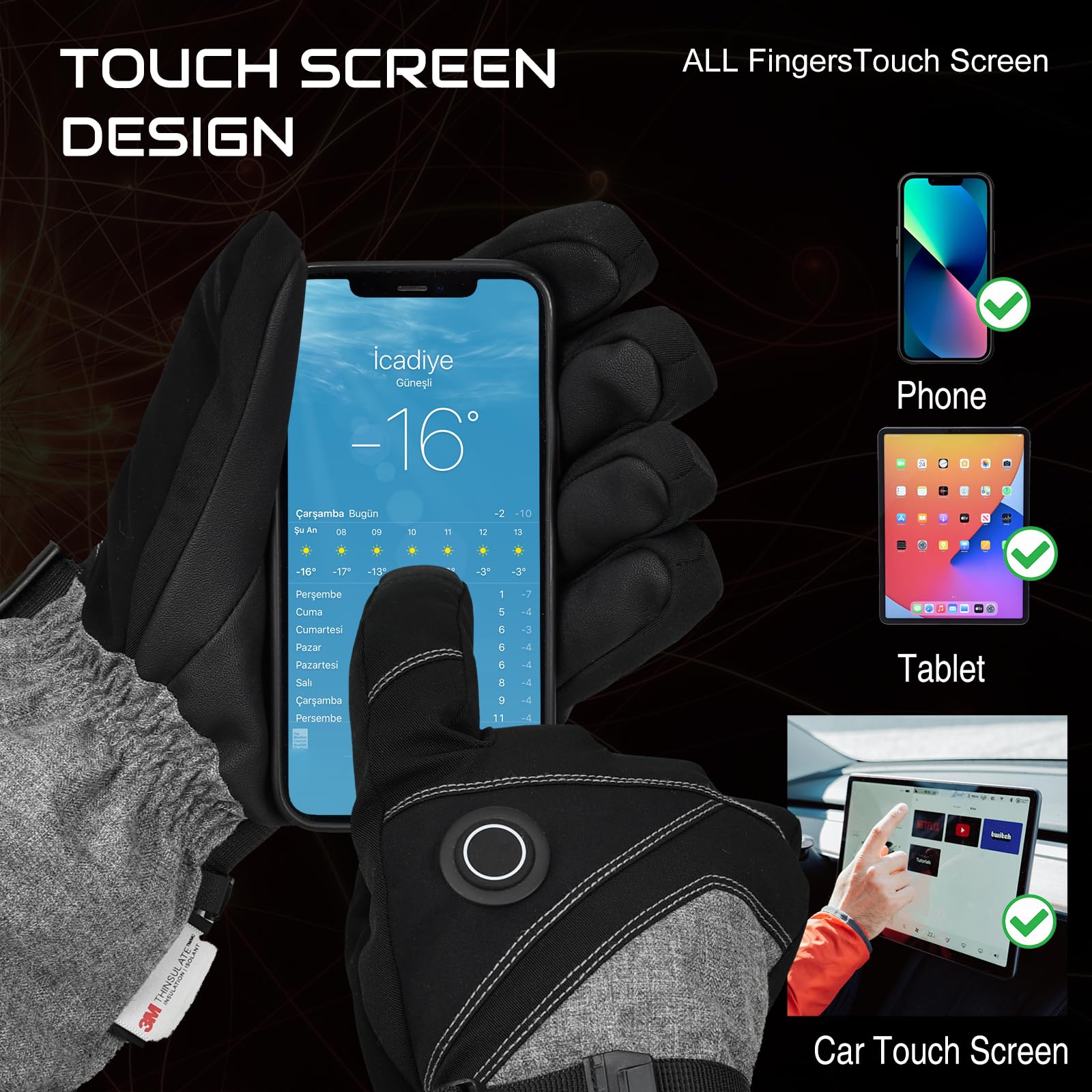 COREEGDE Gants chauffants, gants chauffants pour homme et femme, gants chauffants, gants de ski électriques avec batterie 7,4 V 3000 mAh, gants pour moto, snowboard, cyclisme, pêche