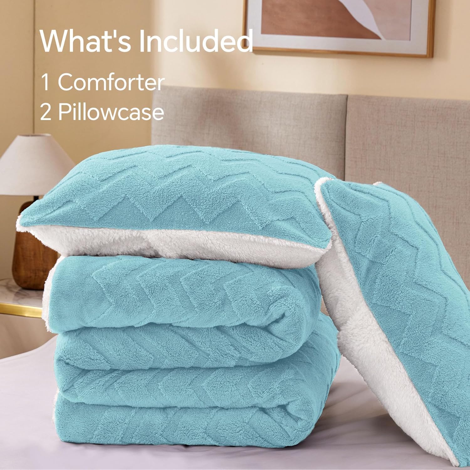 BEDELITE Fluffy King Size Comforter Set - Super Soft Sherpa Light Blue Comforter for King Size Bed, Luxury Warm Bedding Set for Winter, Fuzzy Bed Set 3 Pieces (1 Comforter, 2 Pillowcases) - Image 8