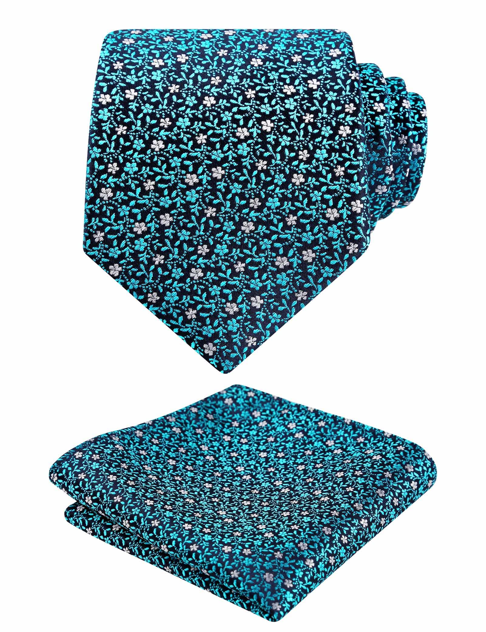 Alizeal Mens 3.15inches Exquisite Floral Tie with Small Flower Printed Pocket Square, Teal+Silver
