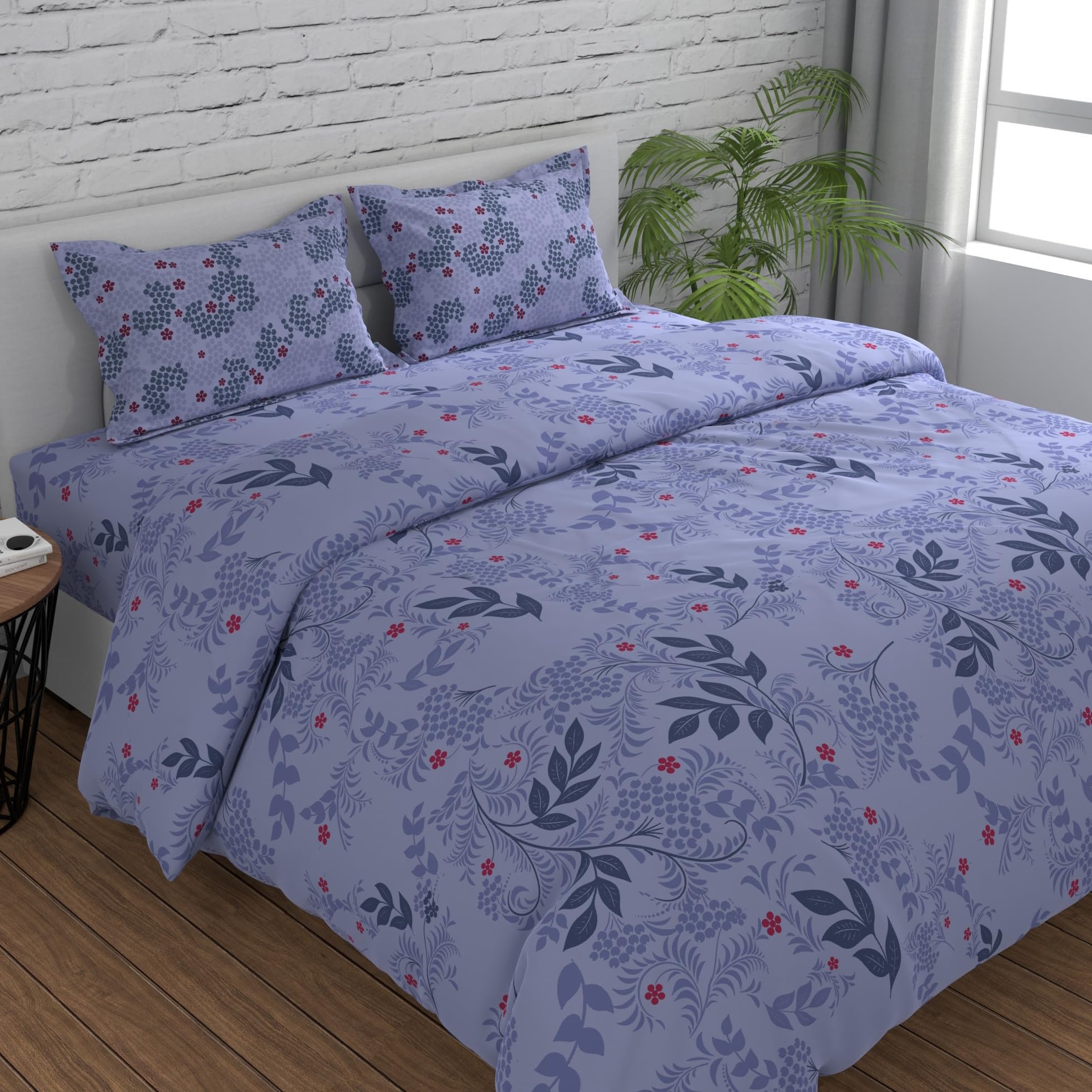 Huesland by Ahmedabad Cotton 144 TC Cotton Bed Sheet Double Bed King Size with 2 Pillow Covers | Botanical Bliss | 108 x 108 inches | Light Purple, Blue & Grey