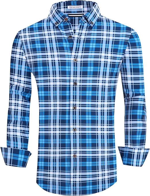 Alex Vando Mens Button Down Shirts Wrinkle Free 4-Way Stretch Print Business Casual Shirt