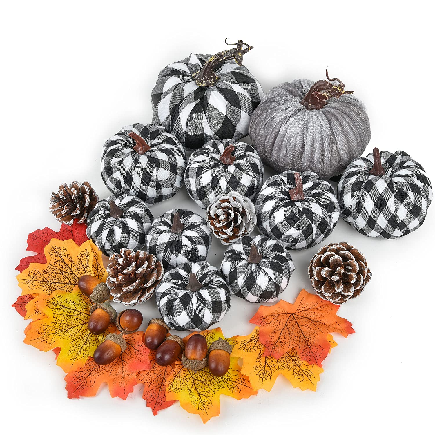 Lvydec Artificial Pumpkins Set Harvest Decoration, 10pcs Assorted Size Plaid Pumpkins with Maple Leaves Pinecones Acorns, Farmhouse Pumpkins for Halloween Thanksgiving Festive Party Supplies