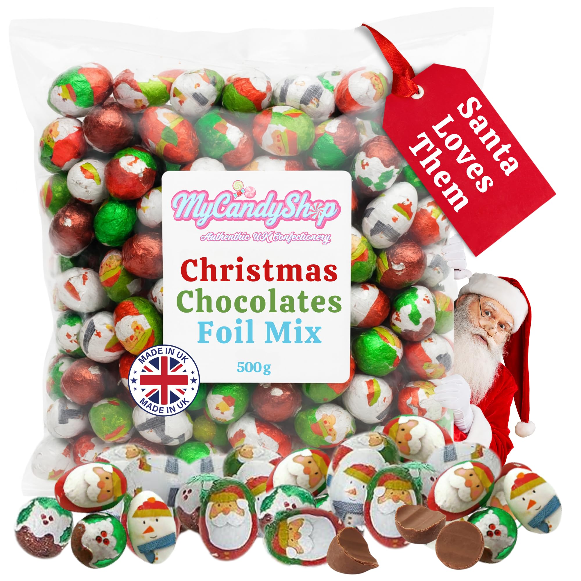 Christmas Chocolates Foil Mix 500g - Chocolate Santas, Snowmen & Puddings - Solid Chirstmas Balls - Christmas Santa Chocolate - For Table Decoration & Stocking Fillers
