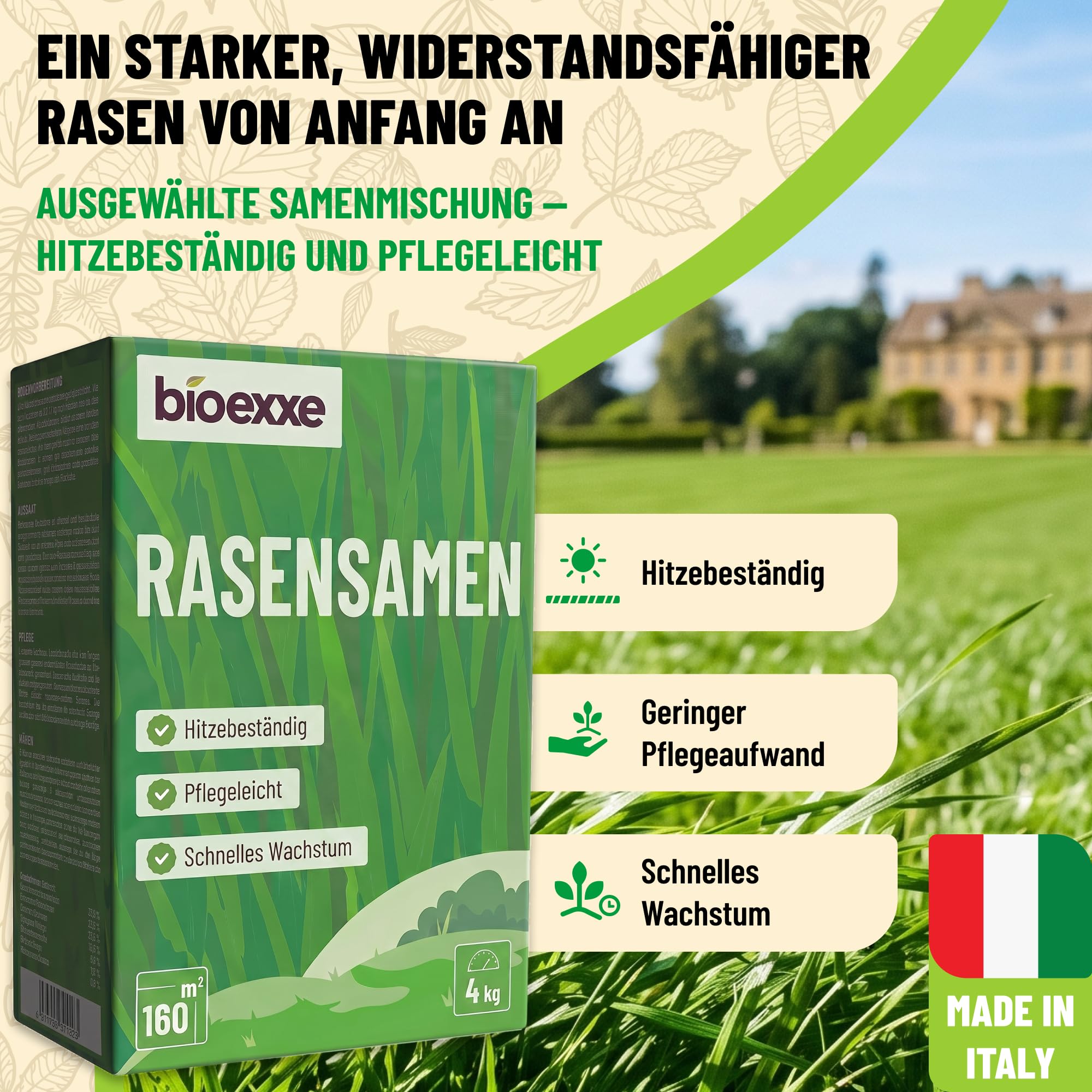 BIOEXXE Rasensamen Schnellkeimend 160 m² - Grassamen Trockenresistent mit Festuca Arundinacea und Deutschem Weidelgras - Rasensaat für Schattenrasen und Rasenreparatur - Made in Italy