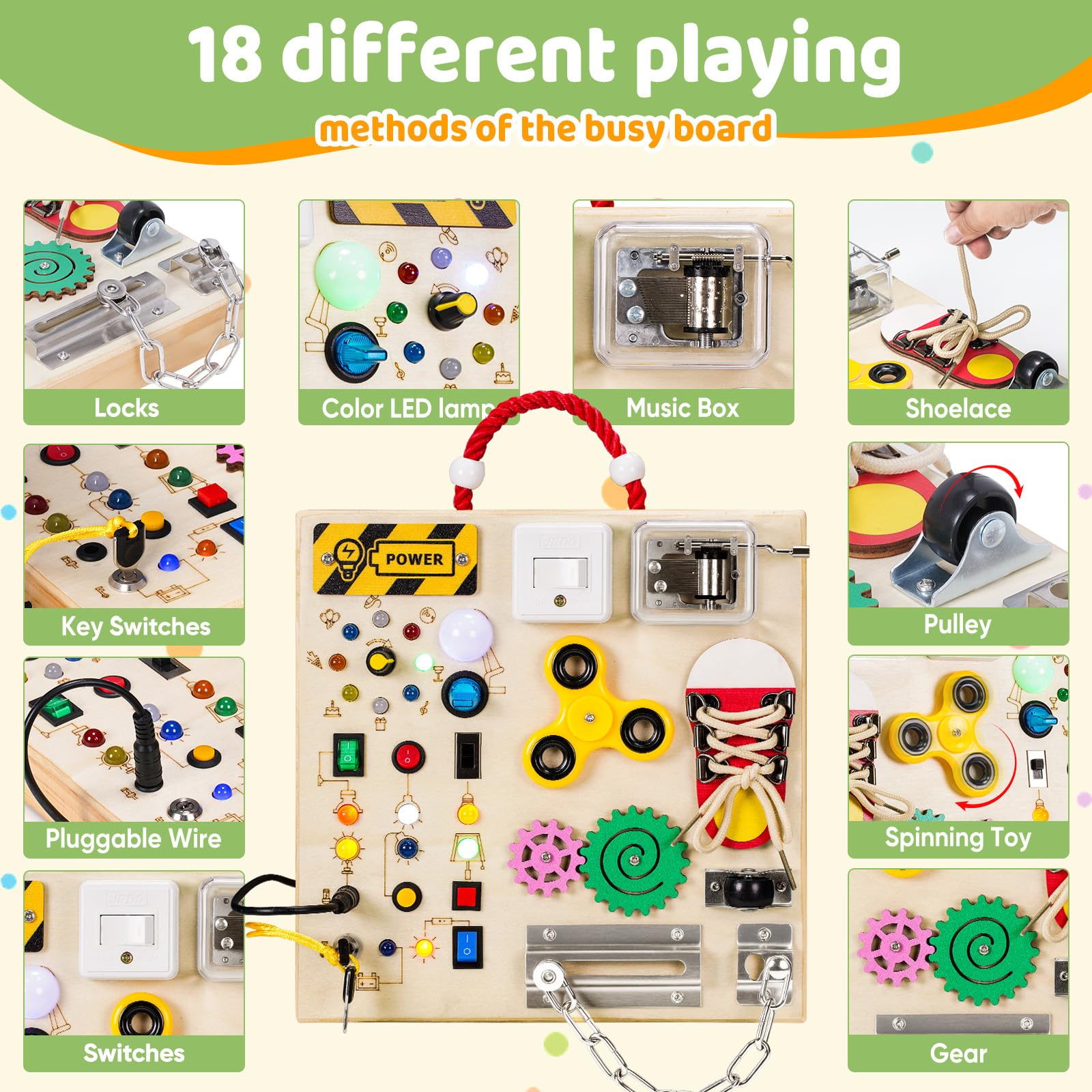 Montessori - Juguetes de mesa de madera para niños y niñas de 1, 2, 3 años, juguete de viaje educativo sensorial con interruptores de luz LED y cajas de música, cerraduras para niños de 1 a 6 2