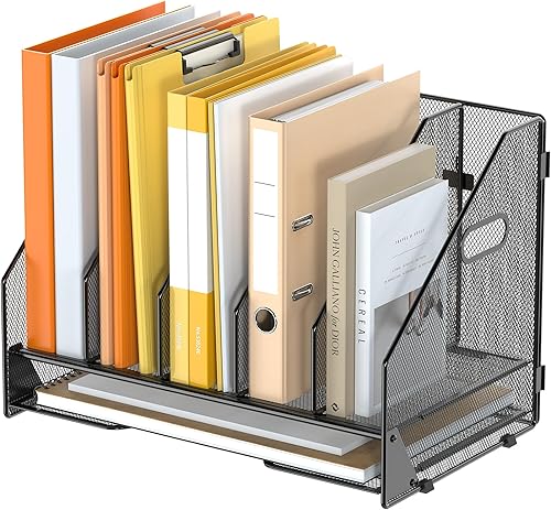 Organizador de carpetas de archivos de escritorio, 5 compartimentos verticales y bandeja de papel para cartas, clasificador de archivos de malla