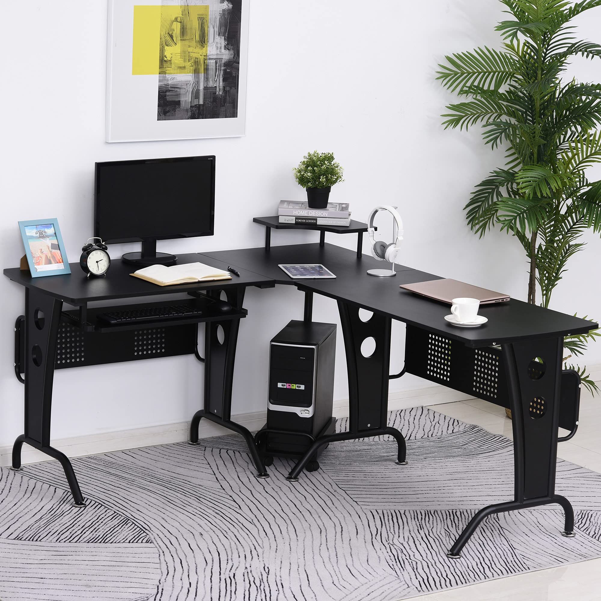 LShaped Corner Computer Office Desk Workstation with Elevated