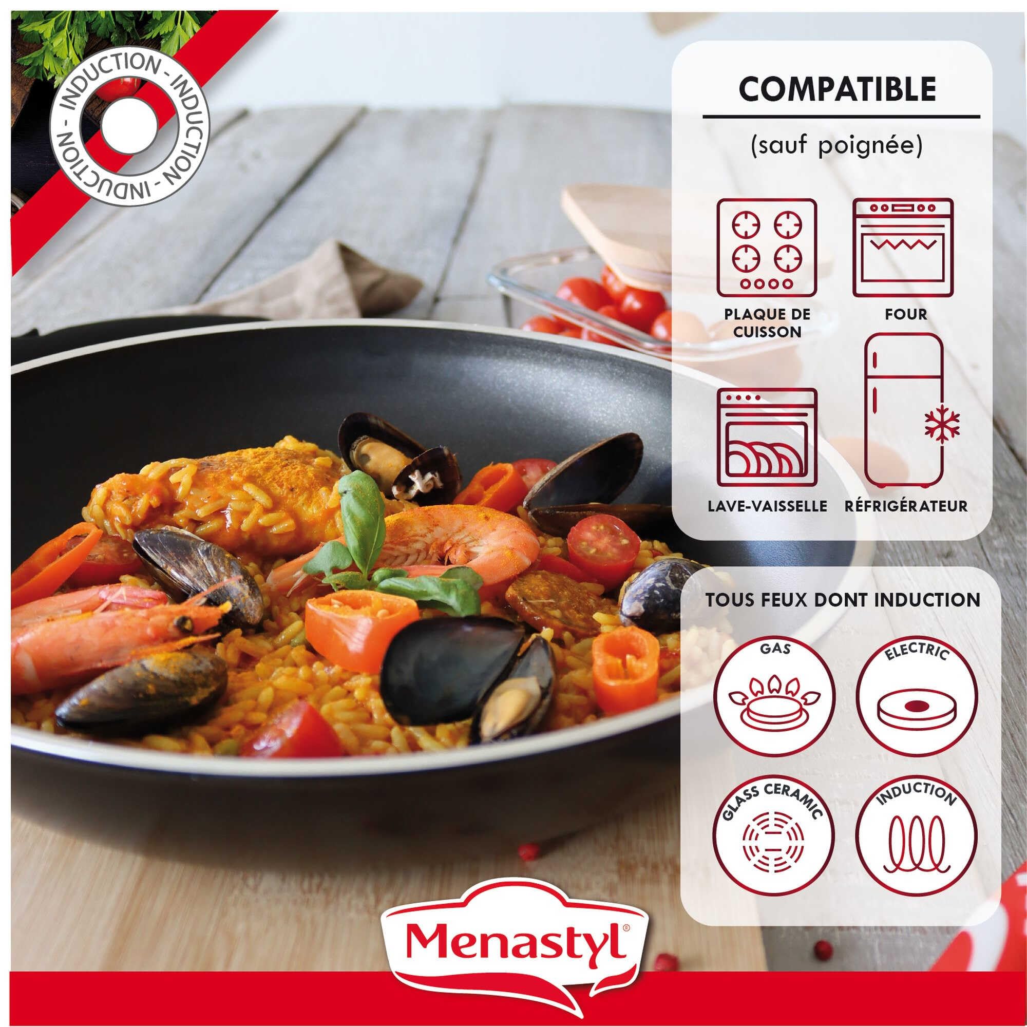 MENASTYL - Batterie de cuisine amovible 5 pièces Iris en aluminium noir antiadhésive - Compatible tous feux dont induction et lave-vaisselle - 2 casseroles + 2 poêles + 1 poignée amovible - 6020437