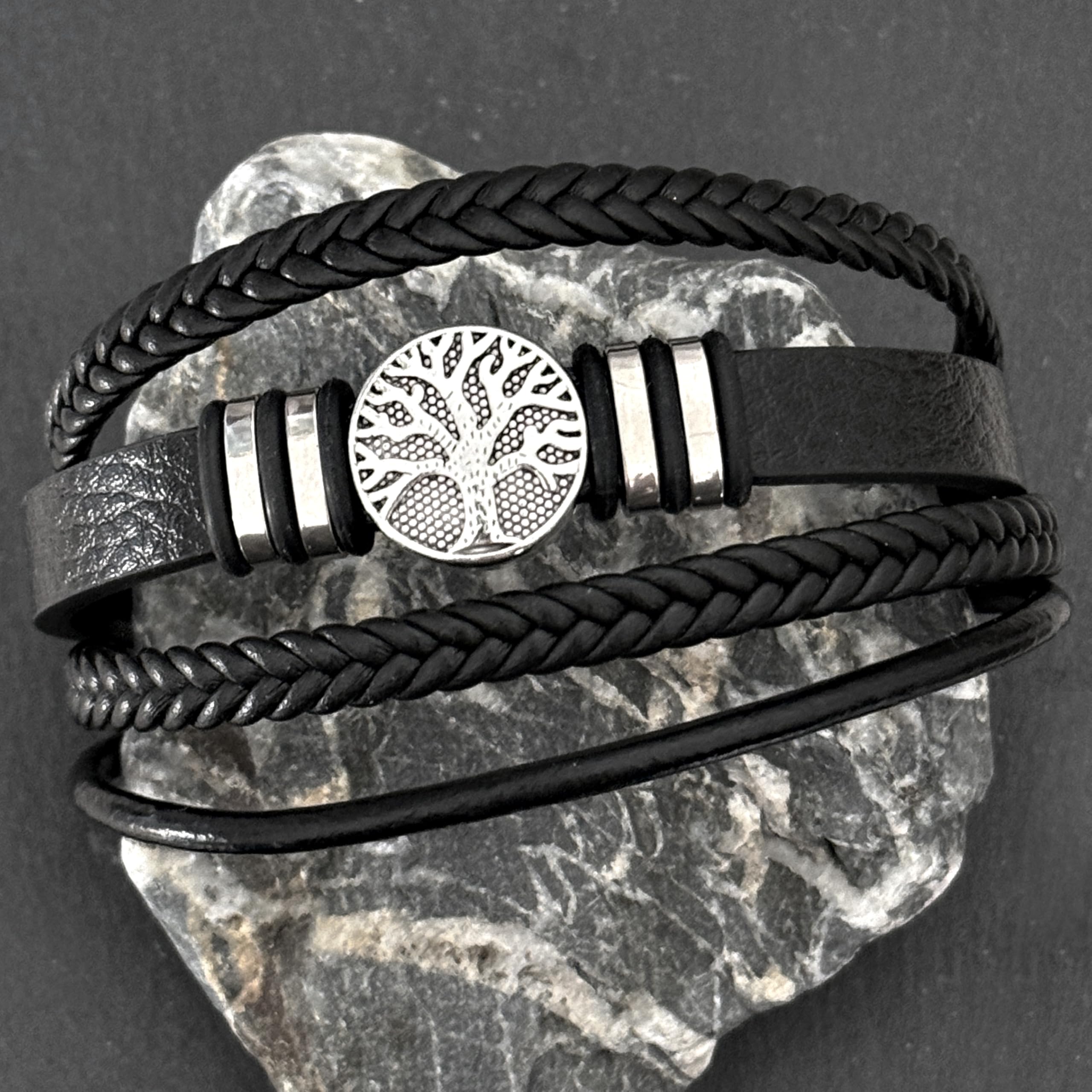 Simboliks Pulsera Árbol de la Vida para Hombre, Amuleto Celta de Protección en Cuero y Acero Inoxidable, Pulsera Celta, Joyería Masculina, Regalo para Hombre Druida, Pulsera Unisex, 21 cm