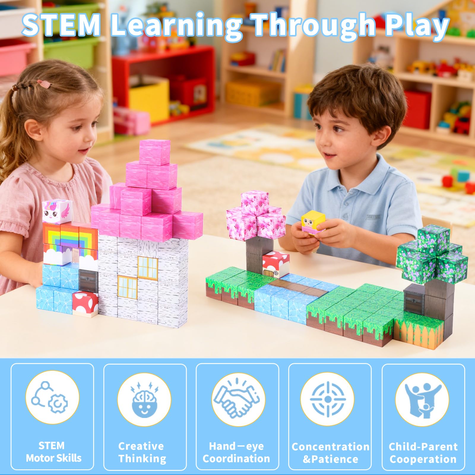 MEESHEEP Magnetic Blocks Unicorn Sakura Rainbow Cubes, Build Models Shown in Pictures, Sakura Rainbow 100pcs - Image 4