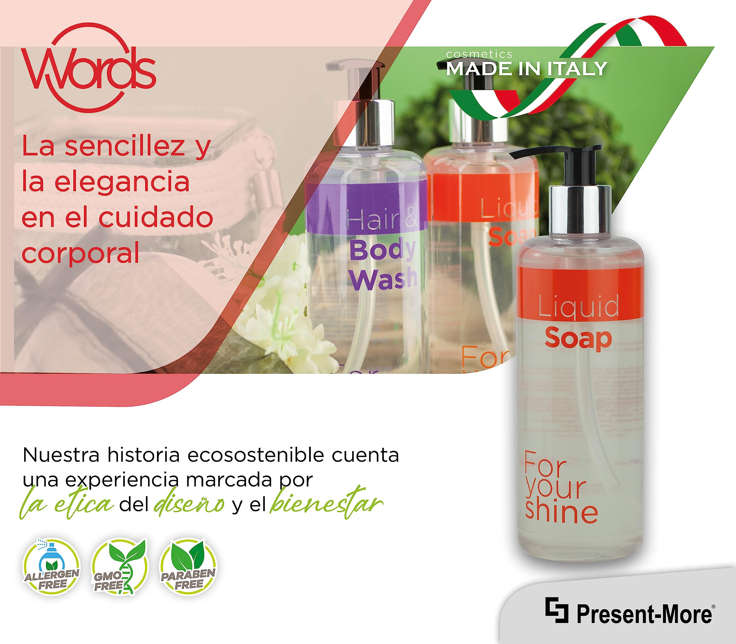 Present-More Jabon manos 300ml Words - Jabon líquido 15 unidades para Hoteles y B&B | Jabon líquido sin alérgenos con fragancia Vigne Rouge
