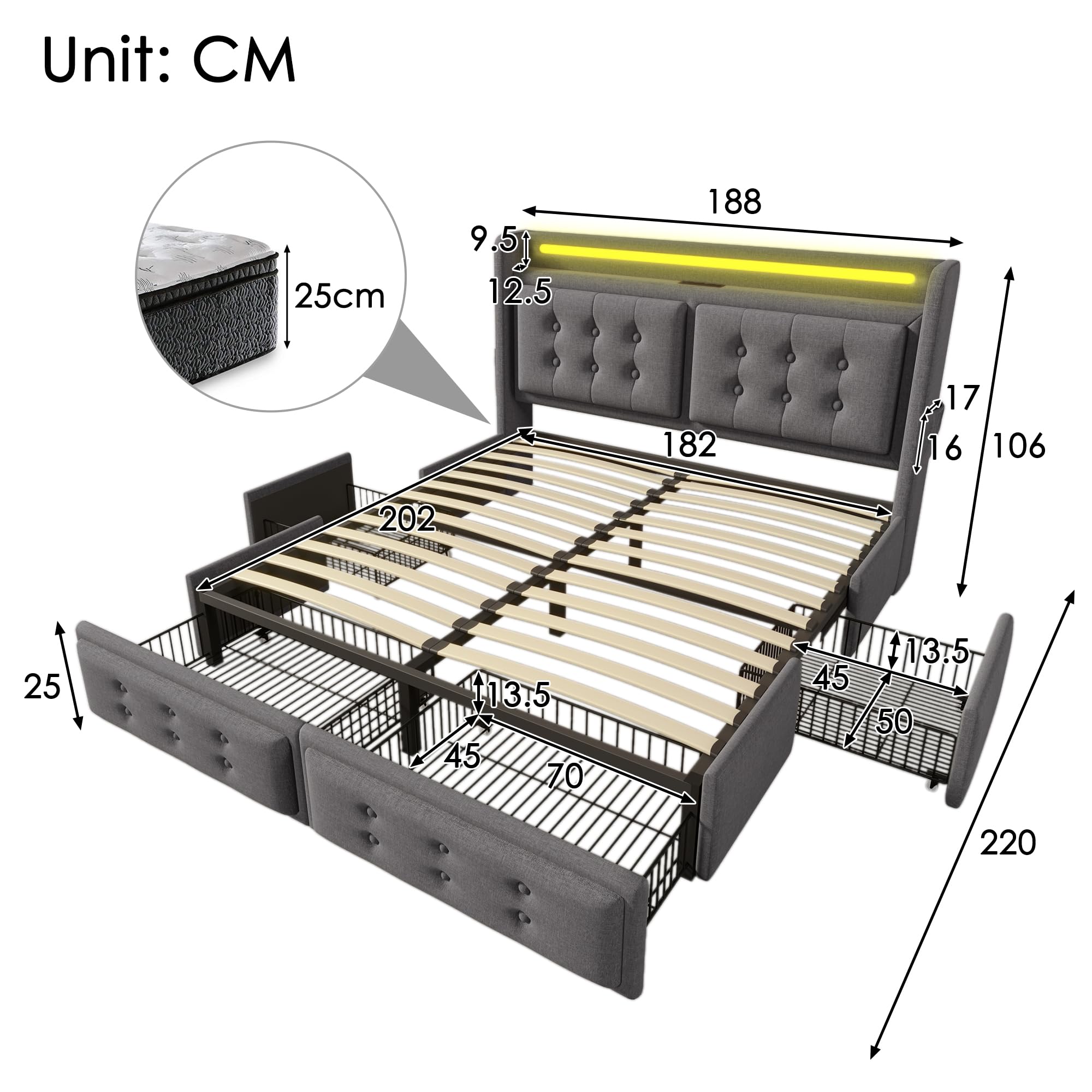 Gestoffeerd bed 180×200 cm - opklapbaar hoofdeinde - met stopcontact - met LED-verlichting - fluweel stof - grijs
