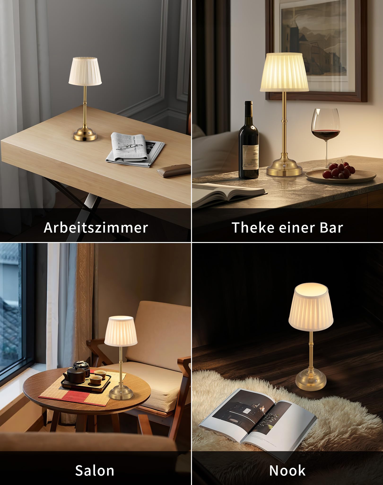 2 Pack Lámpara de mesa recargable, inalámbrica, portátil y regulable, lámpara de noche LED retro alimentada por una batería de 4000 mAh para interior y exterior (Gold + Beige Shade)