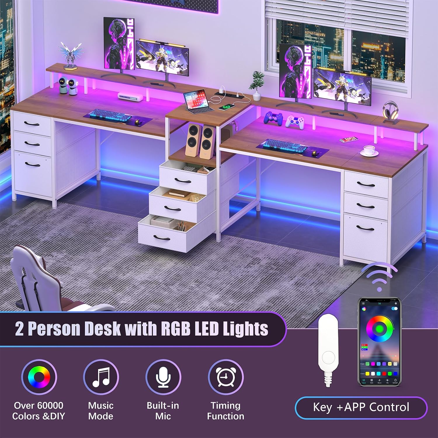 YOMILUVE 98.4" Long Computer Desk with 9 Drawers, 2 Person Gaming Desk with LED Lights & Power Outlet, Two Person Home Office Desk with Storage, Printer Shelf ＆ Monitor Stand, Brown and White