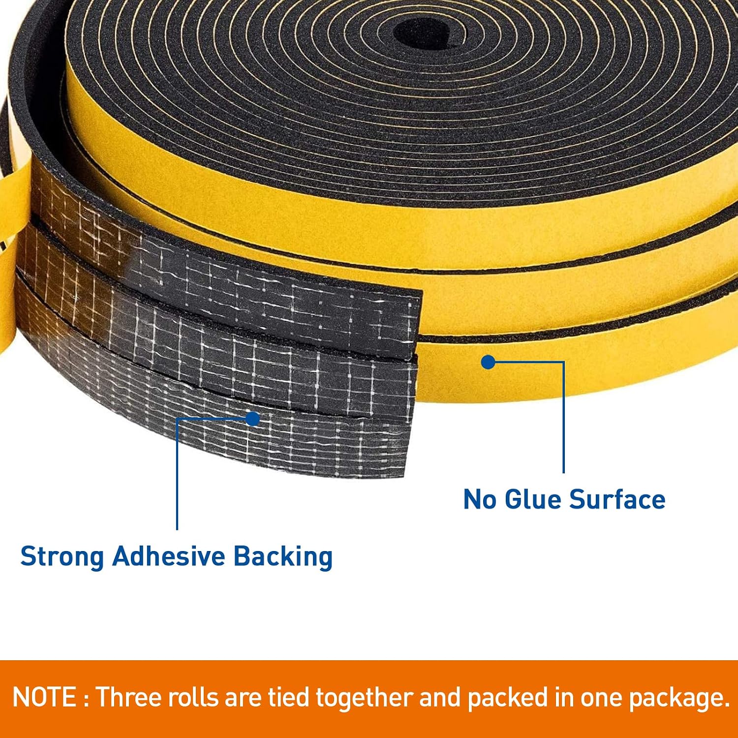 MAGZO Door Weather Stripping 1/2 Inch W X 1/8 Inch T, Adhesive Window Foam Seal Strip 50 Feet (16.5ft x 3 Rolls), Black