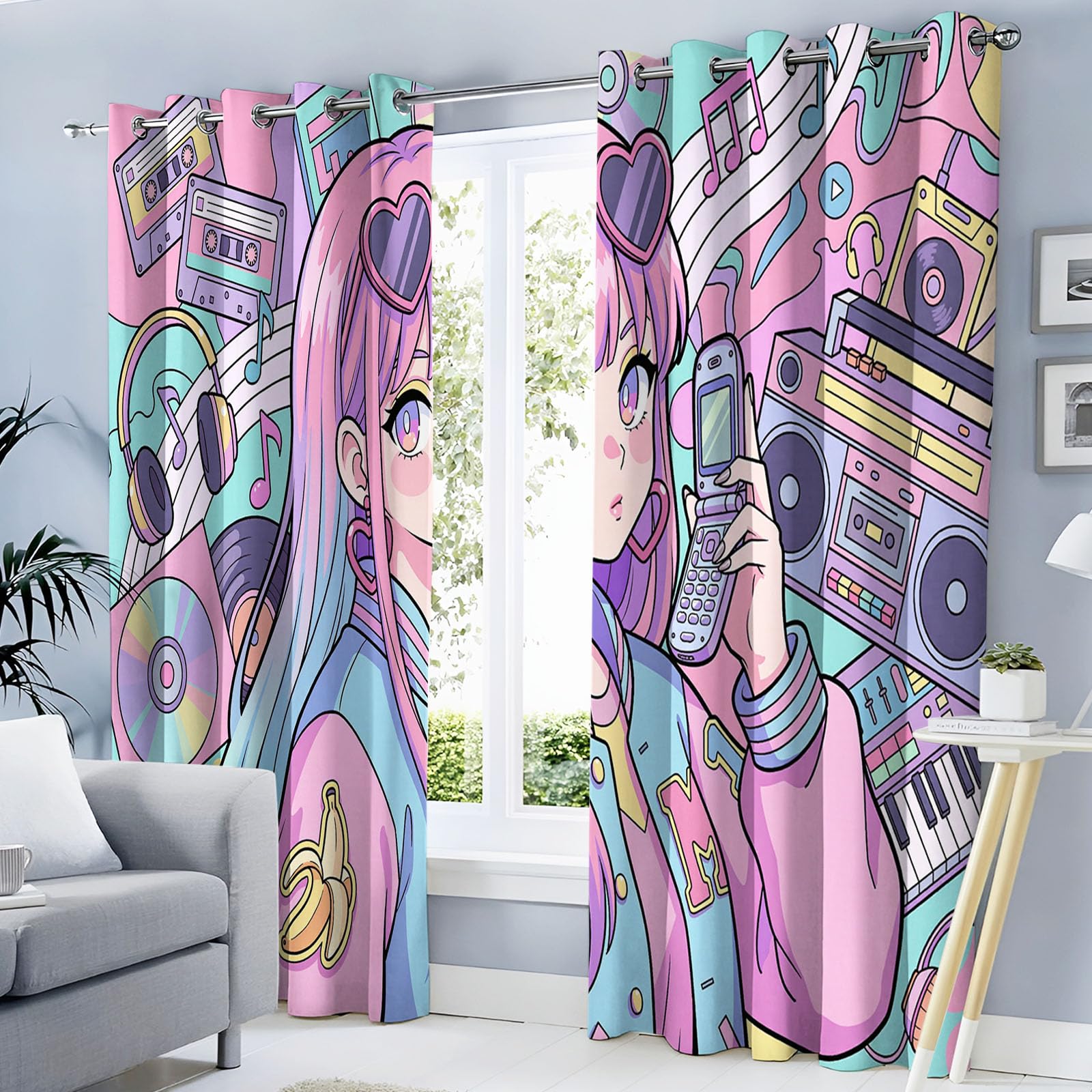 Vorhänge Blickdicht 2Er Set H245Xb140Cm – Anime-Schönheit Japanisches Harajuku-Poster, Rosa-Lila Gardinen Weiche Thermovorhänge Mit Ösen, Kälteschutz Vorhänge Für Schlafzimmer Wohnzimmer