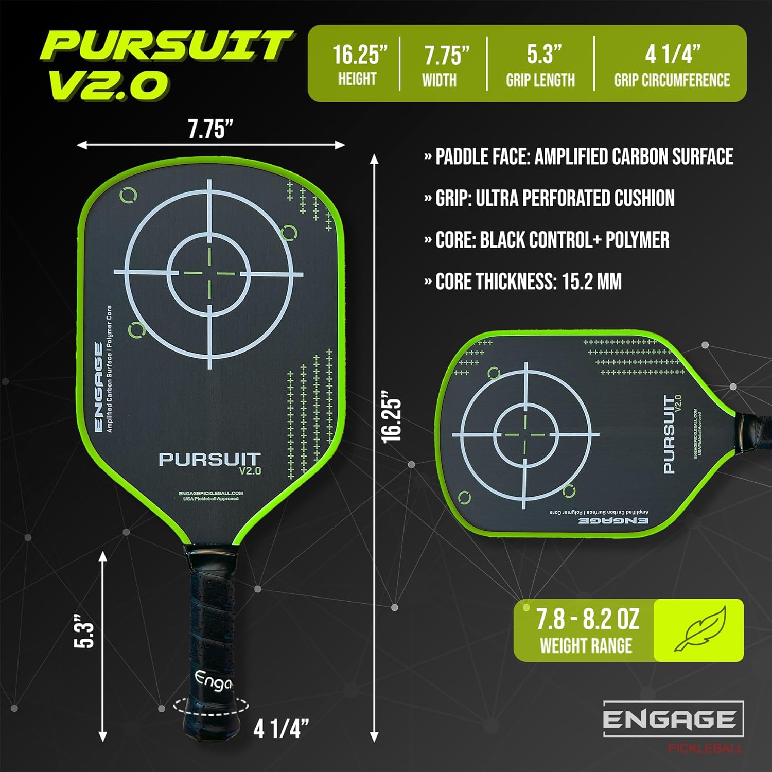 Engage Pursuit V2.0 Pickleball Paddle - Amplified Carbon Surface for Superior Control & Spin with Response+ Polymer Core, USAPA Approved - Designed for Players of Any Skill Level