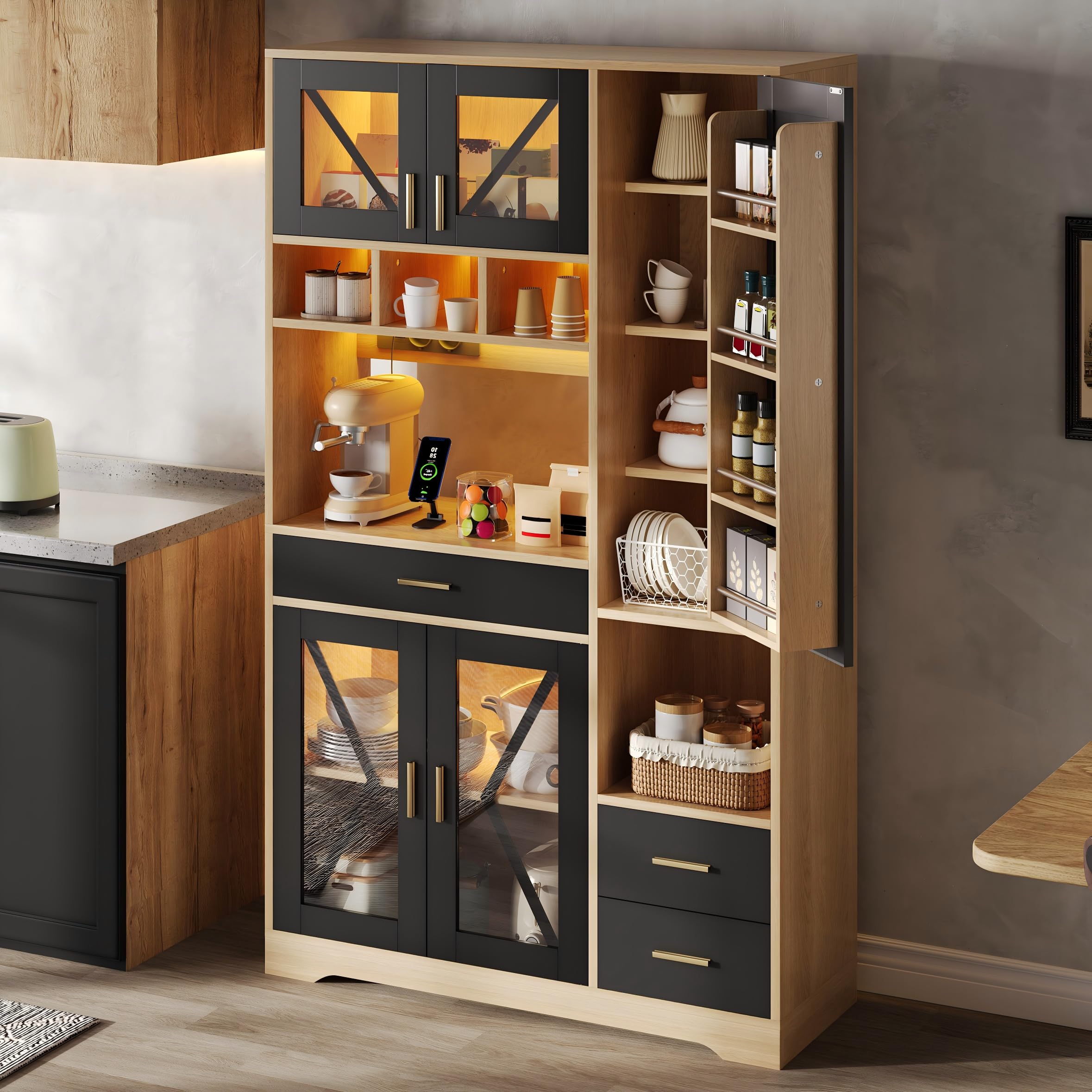 FurnitureR Küchenhochschrank, hoher Küchenschrank 105 x 40 x 185 cm, Schwarz, MDF Vorratsschrank mit 5 Türen und 3 Schubladen, APP-LED, Steckdosenleiste, als Stauraumlösung für Küche und Apartment