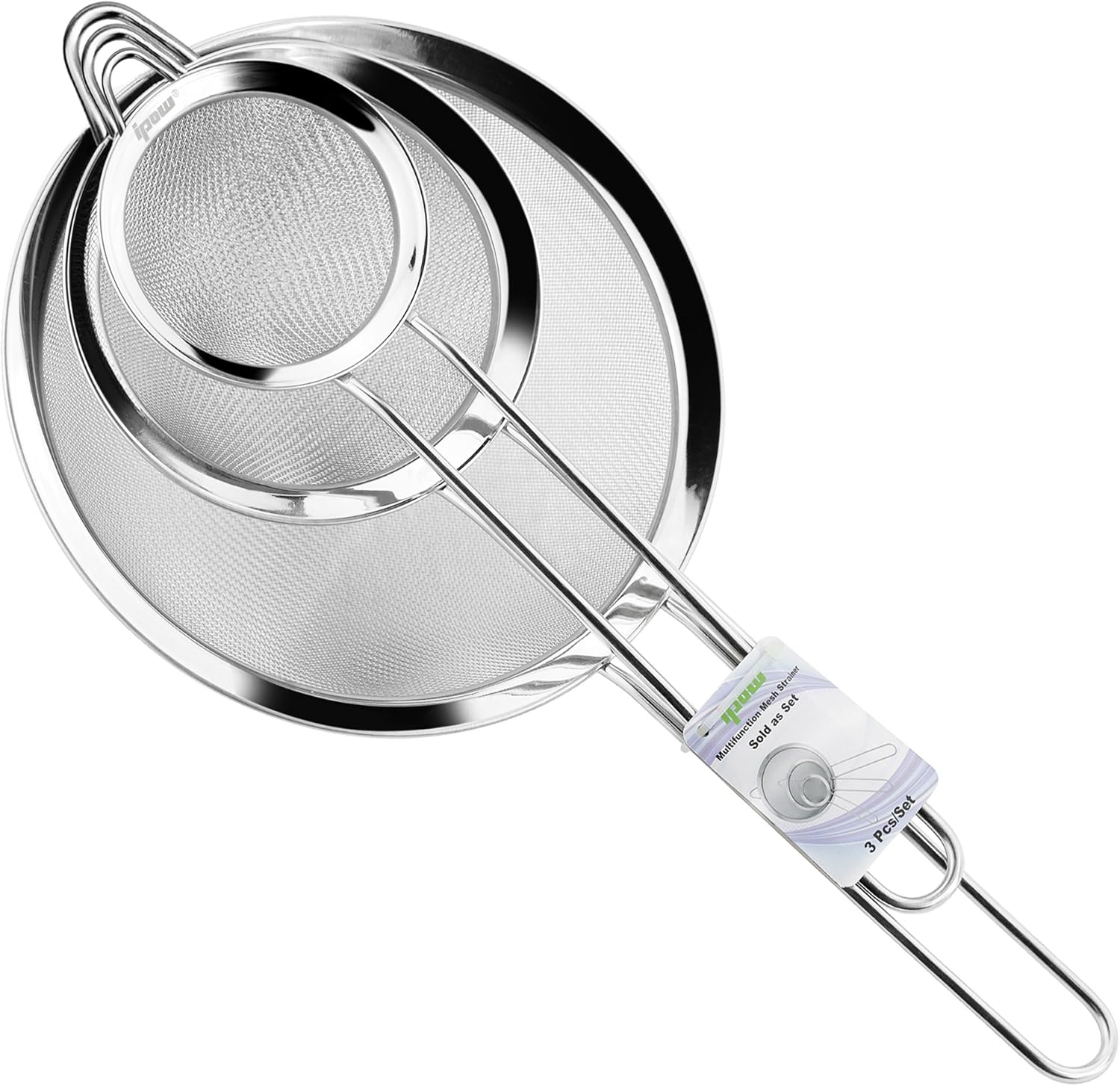 IPOW Set of 3 Stainless Steel Fine Mesh Strainer, Colander Sieve Sifters with Long Handle for Kitchen Food, Small Medium Large Size for Tea Coffee Powder Fry Juice Rice Vegetable Fruit Etc. : Home & Kitchen