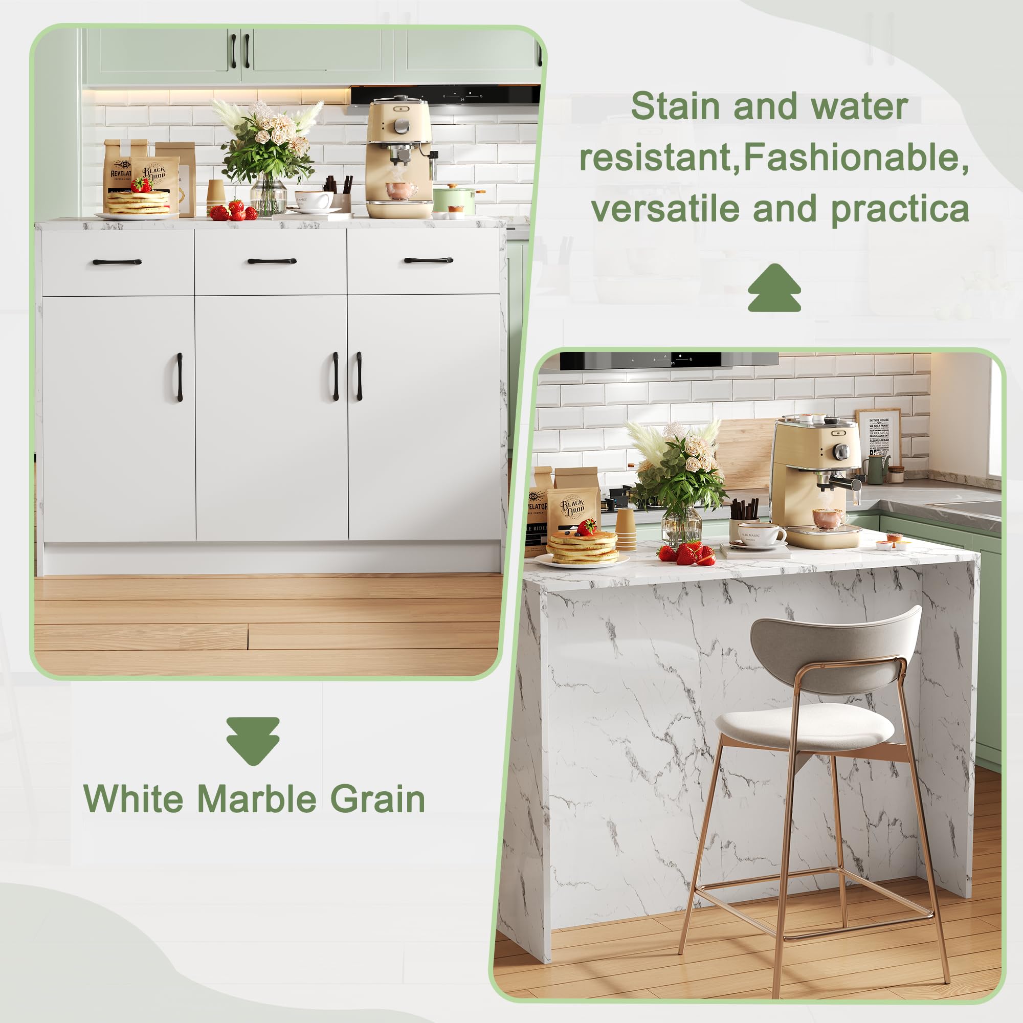 Grande isola da cucina 120 x 60 x 90,5 cm, 3 cassetti e 3 ante, design in marmo bianco, ripiani regolabili, cassetti silenziosi, design zona bar - Utensili da cucina eleganti e pratici