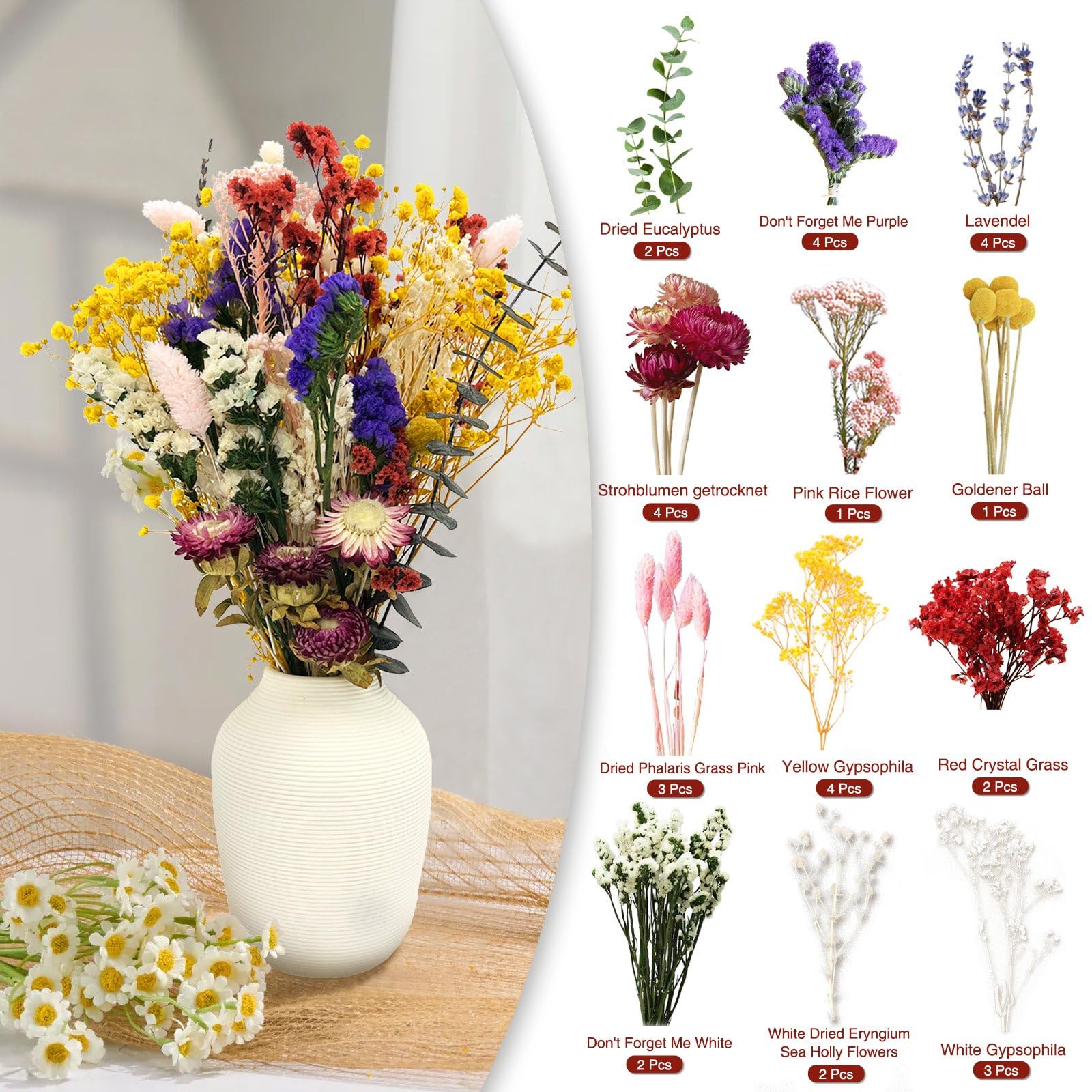 Flores Secas Naturales y Preservadas Conjunto de 32 Pcs para Decoracion Ramos de Flores Secas DIY Manualidades Arreglos Florales de Boda y Decoracion del Hogar