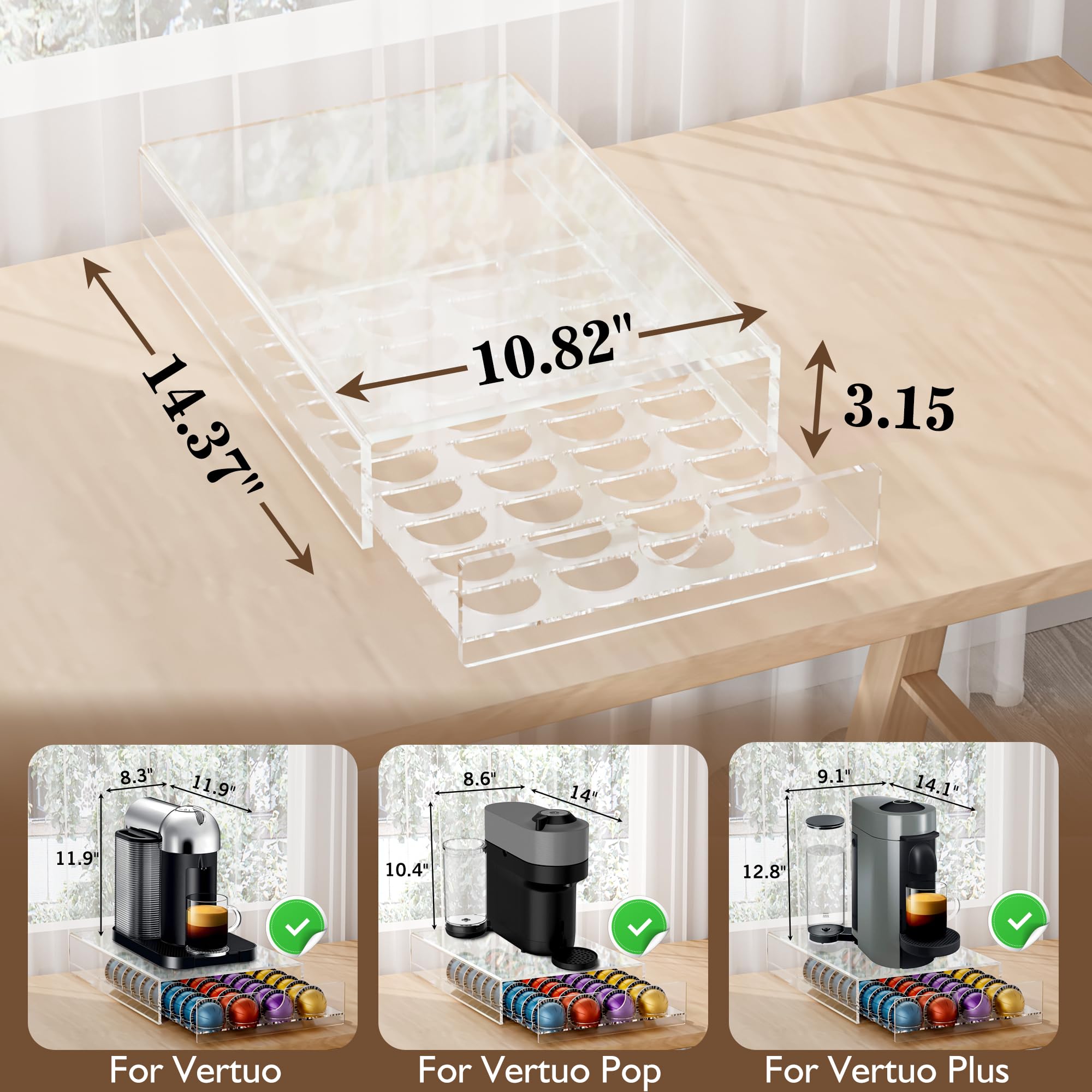 Acrylic Coffee Pod Organizer for Nespresso Vertuo Pod Holder 40 Pods Clear Vertuo Pod Storage Drawer