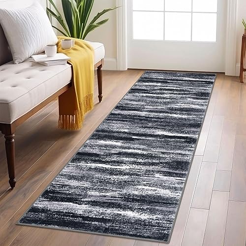Miniatura 54 de Alfombra moderna abstracta de 2 x 6 pies, alfombra de pasillo lavable gris negro multi para cocina, antideslizante, suave, alfombra delgada de Gris