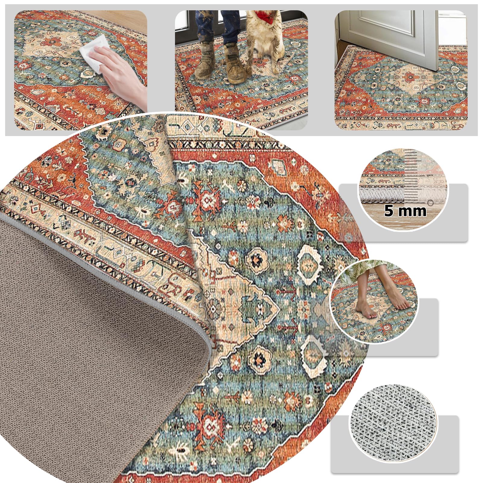 Dywan do salonu, sypialni, styl vintage, 110 x 140 cm, nadaje się do prania, antypoślizgowy, do jadalni, biura, z krótkim włosiem, do sypialni, salonu, sypialni, sypialni, pokoju dziennego, sypialni