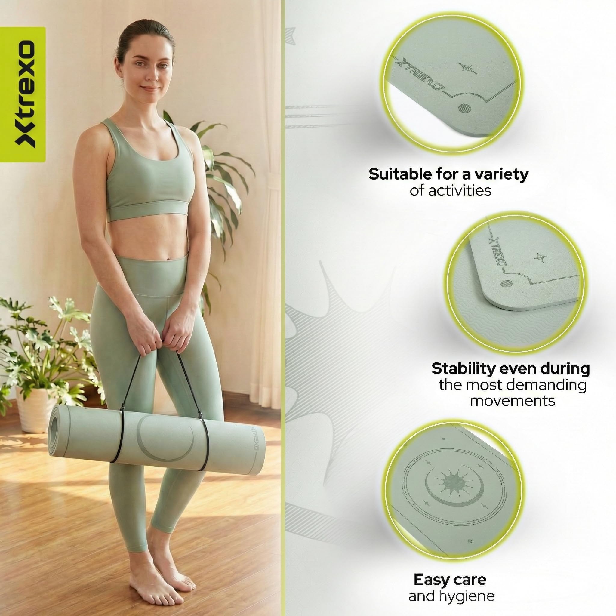 TREXO Tappetino da yoga 183 x 61 cm di altezza e 6 mm di spessore, in TPE ecologico con superficie antiscivolo, forte aderenza sul pavimento, resistente ai danni