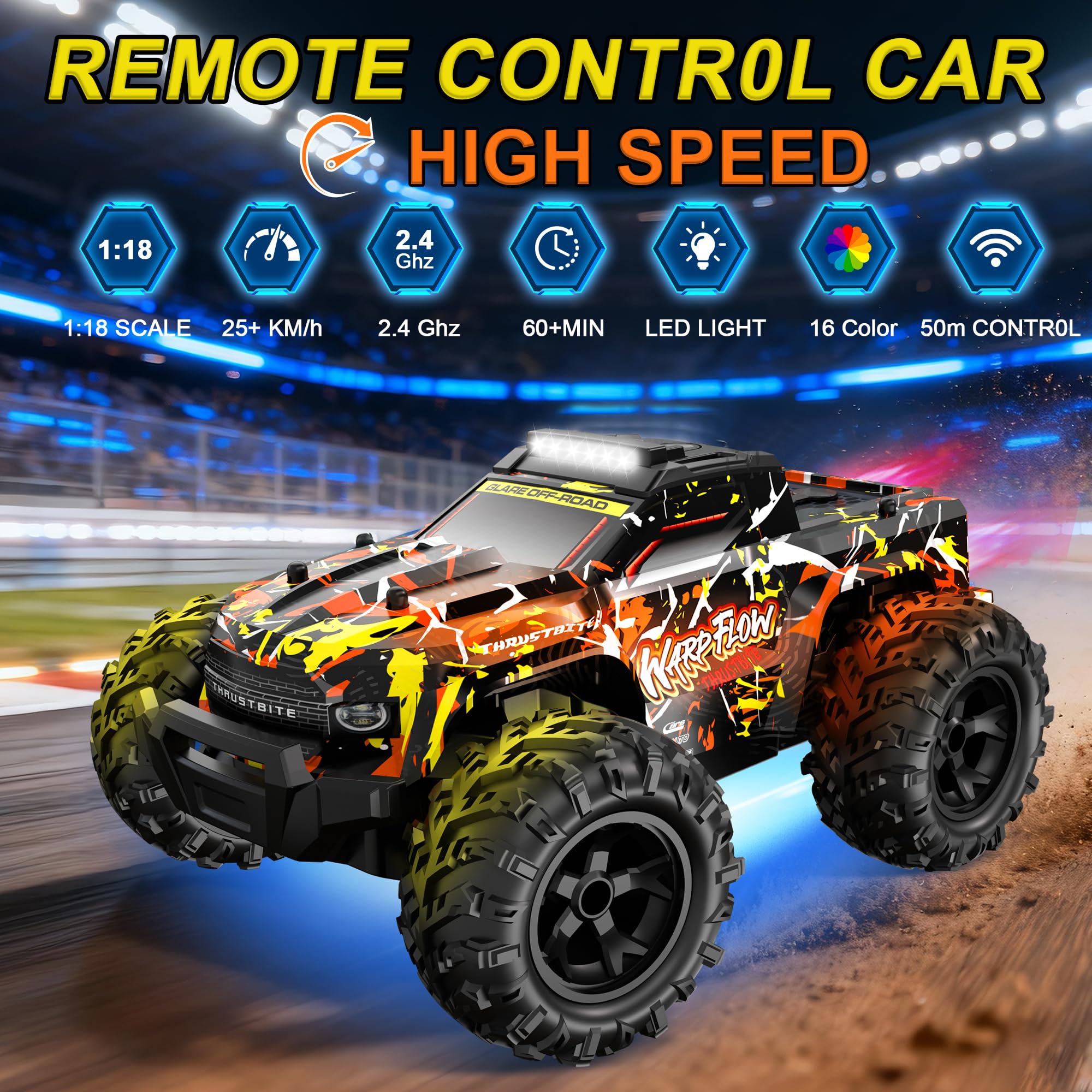 BAZADER Remote Control Cars RC Truck 1:18 RC Car with LED Light 2.4GHz All Terrain Off Road Truck Toys - High Speed 25KMH+ with Spray 60 Mins Playtime Fast Racing Toy for Kids Adults - Image 2