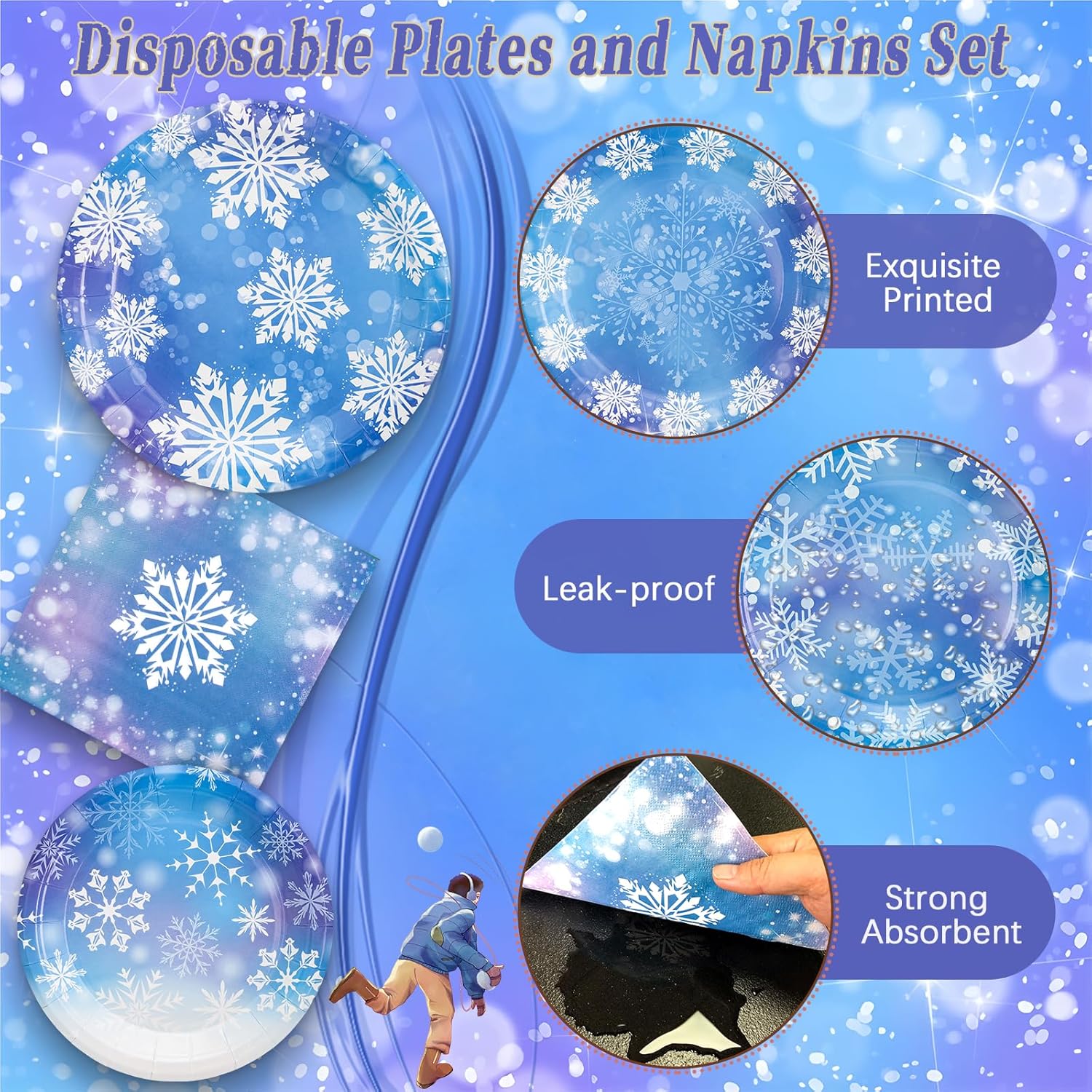 180PCS Winter Snowflake Party Supplies – Blue and Purple Snowflake Paper Plates and Napkins Set, Winter Wonderland Disposable Tableware for Frozen Christmas Holiday Birthday Party Supplies Decorations - Image 3