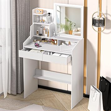 White Vanity With Lighted Mirror, Vanity Desk With Led Light And Mirror, Makeup Table With 2 Drawers, Bedroom Dressing Table, Makeup Desk With Brightness Adjustable White