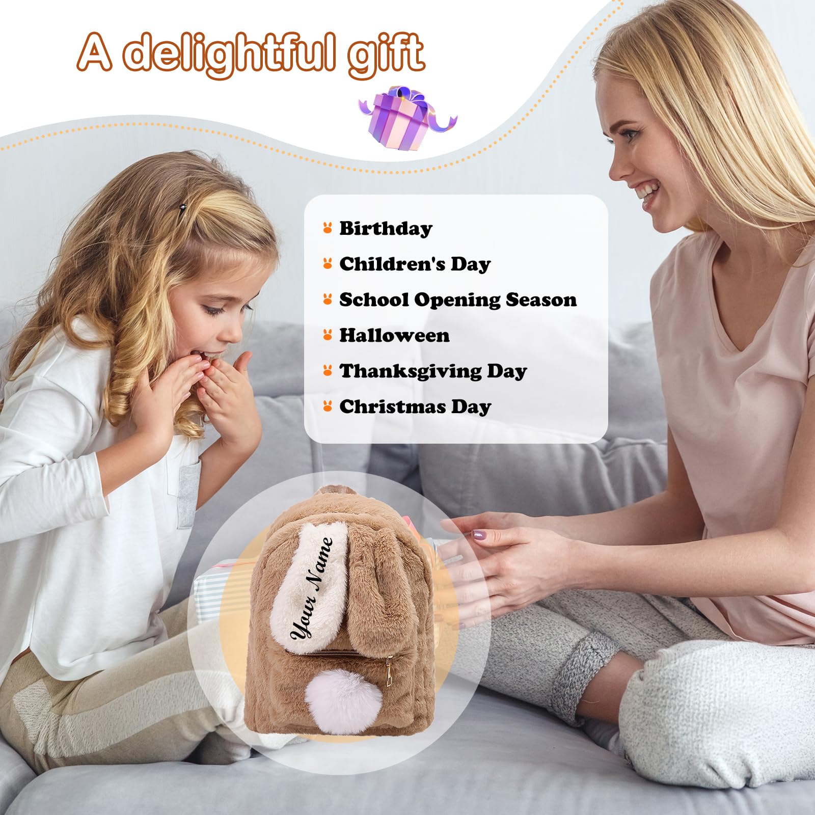 Sac Personnalisable Enfant, Sac a Dos Personnalisé Enfant Prenom, Sac à Dos Bebe Lapin en Peluche, Sac a Dos Enfants Fille Garcon, pour Maternelle Primaire et Collège (Kaki)