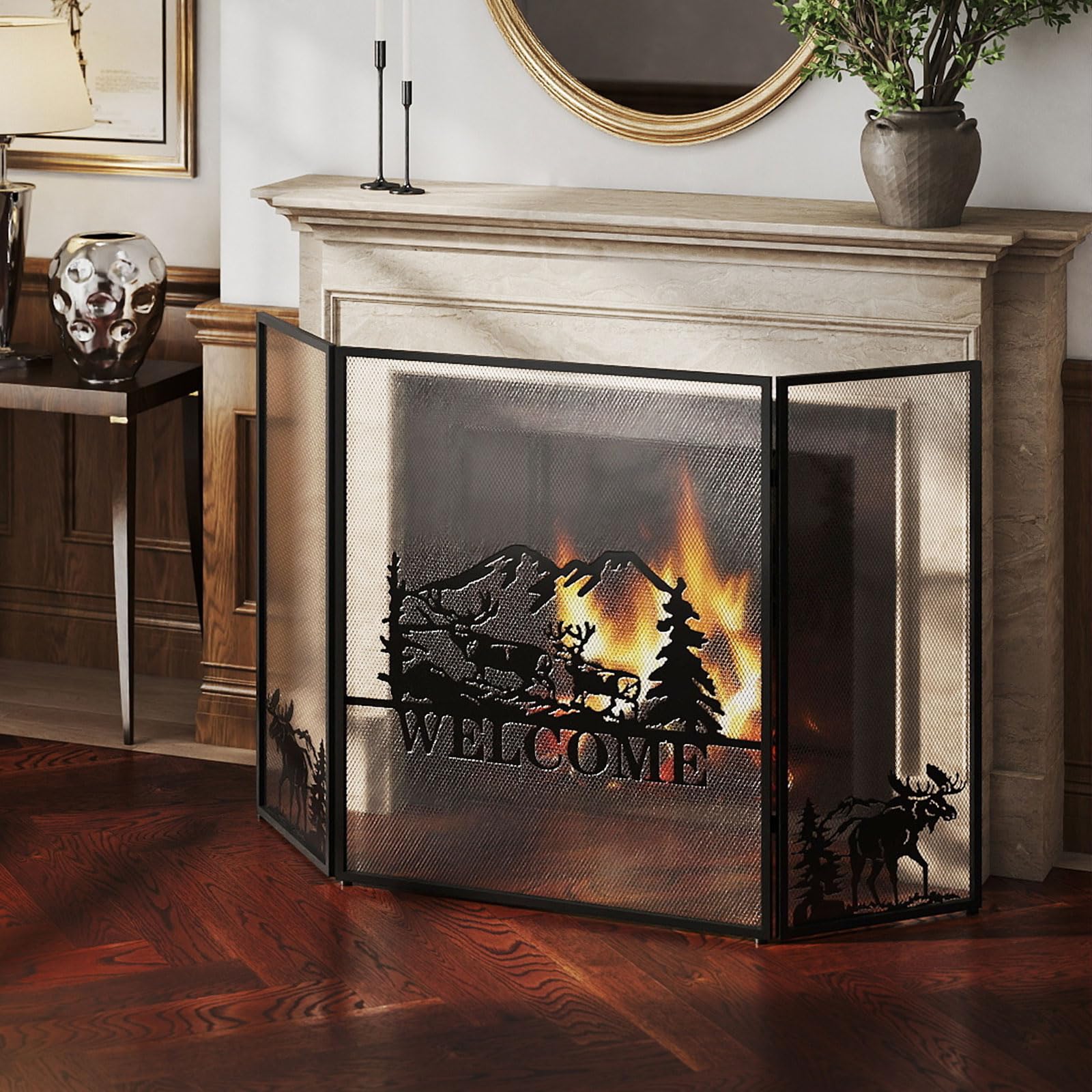 GOPLUS Pare Feu Cheminée Pliable 3 Panneaux en Fer, Écran de Cheminée Pare-Étincelles Pliable pour Décoration de Salon, Grille de Protection pour Cheminée Autoportante (Bienvenu, 132x79CM)