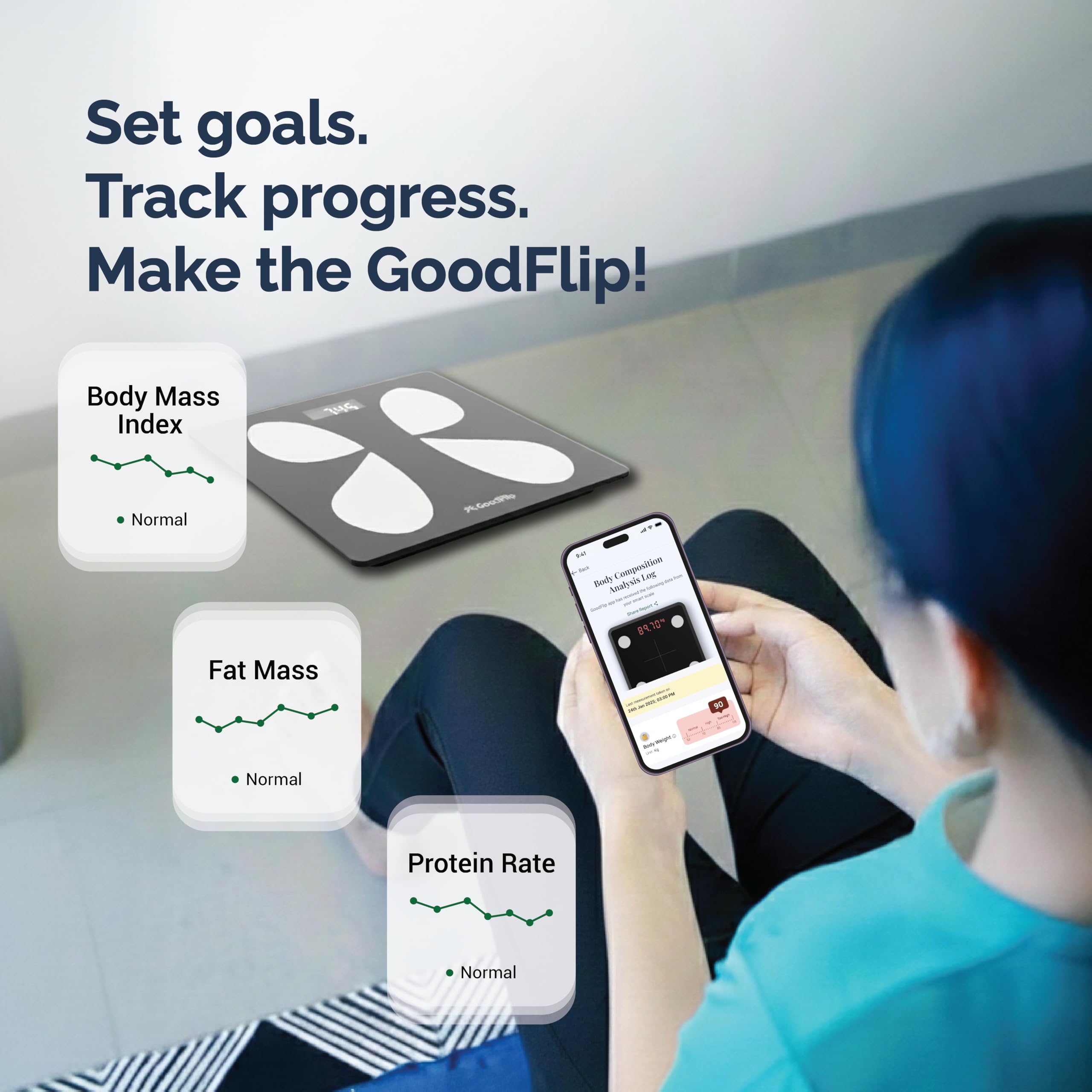 GoodFlip Smart Body Composition Analyser & Digital Scale – 18+ Body Metrics, Bluetooth App Sync (Android & iOS), Accurate Body Weight & Health Tracking, Auto Step-On, 180 kg Max 3