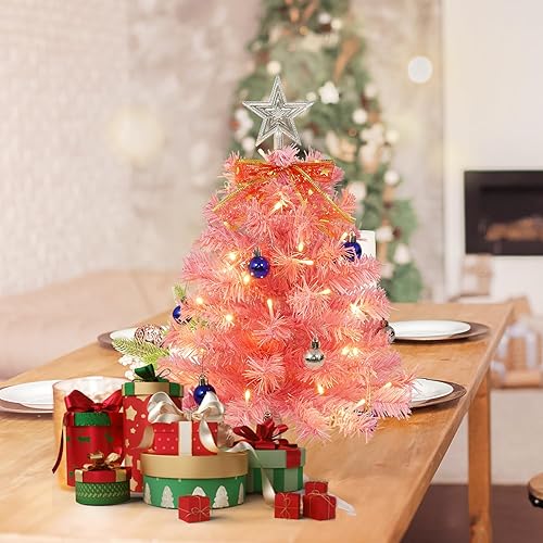 Miniatura 2 de Uten Árbol de Navidad rosa pequeño árbol de Navidad bolas de Navidad 15 unidades y cabeza de árbol de arco, caja de batería de ocho funciones 30