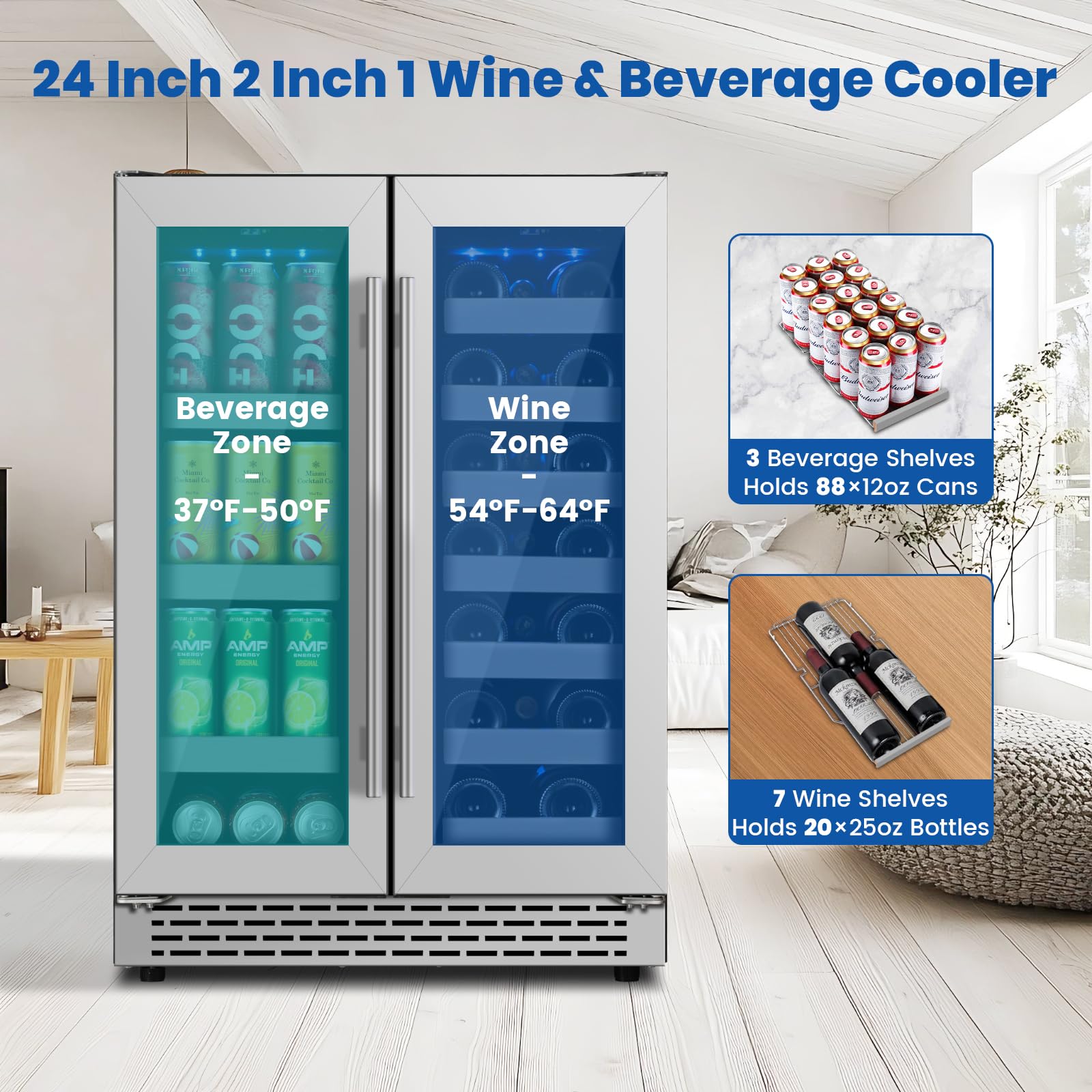WINEBOSS 24 Inch Wine and Beverage Refrigerator, Dual Zone Wine Fridge Under Counter, 20 Bottle & 88 Cans Wine Cooler Refrigerator with Glass Door & Stainless Steel Shelves for Beer Commercial Office on Fridge.com