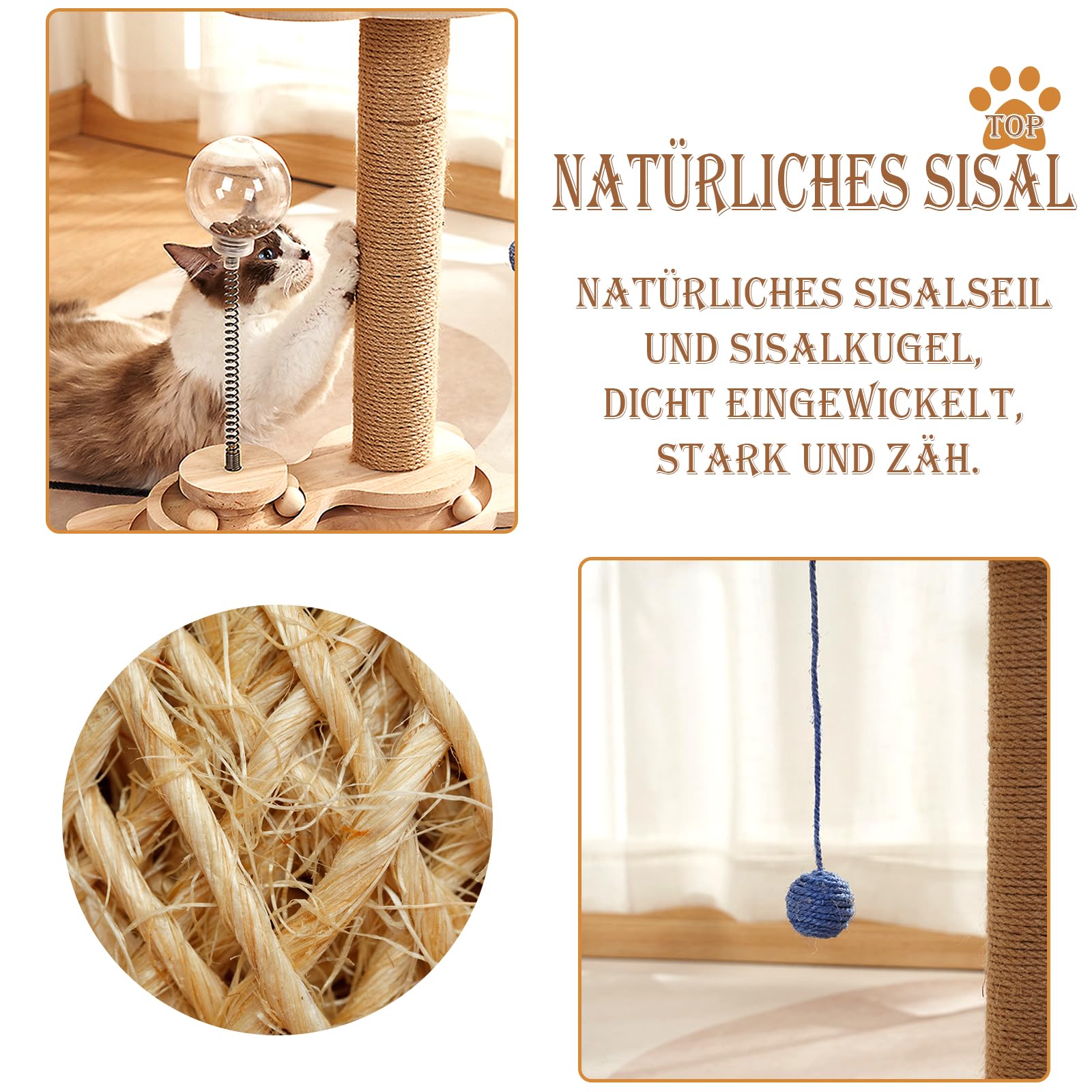 4 IN 1 Kratzsäule für Katzen, Hölz Katzenkratzbaum Sisalseil Katzenspielzeug mit Hängendem Ball, Leckerli Ball, Lagiger Drehteller, Futterkugel Intelligenzspielzeug für Wohnungskatzen
