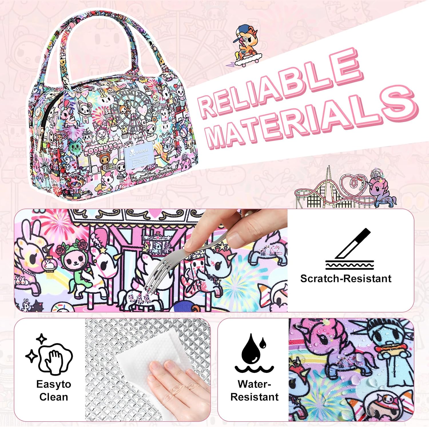 tokidoki Reusable Lunch，Lightweight Cooler Bag with Handle Unicorno Leakproof Food Lunch Containers Anime Large Capacity Lunch Box for Work Travel Picnic