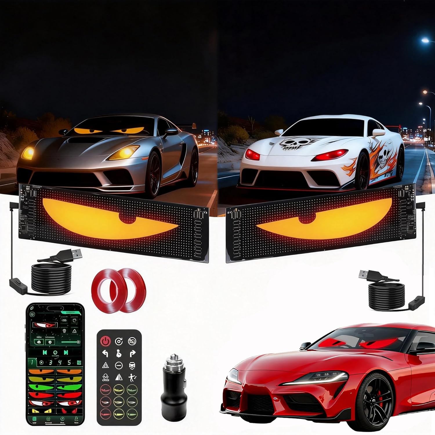 Devil Eyes Light 2PC for Windshield-23.42x4.72IN LETOUR Programmable LED Eyes [Advanced Chip, 100% Synced Dual Screen] 5V USB Powered, App/Remote Control, Windshield Eyes Animated for Cars/Trucks/SUVs