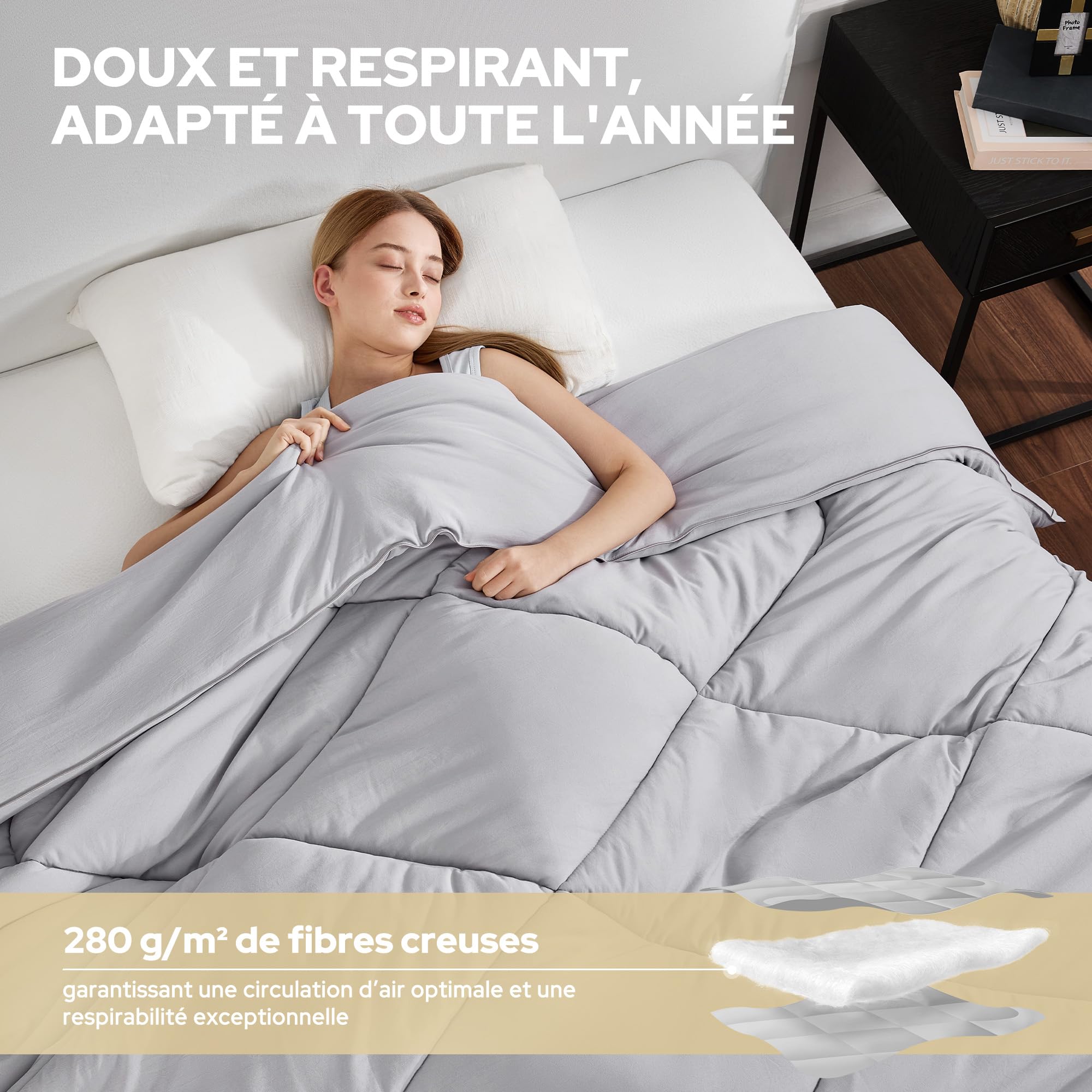 BEDLORE Couette 220x240 Tempérée 280g/m² pour Lit 2 Personnes, Couette 2 Personnes Légère avec Rembourrage en Microfibre, Édredon Douce pour 4 Saisons, Lavable en Machine, Gris