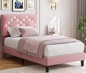 GAOMON Twin Bed Frame with Headboard, Upholstered Platform Bed Frames Twin Size with Crystal Diamond Tufted for Girls/Kids Easy Assembly, Wooden Slats Support, No Box Spring Needed, Pink