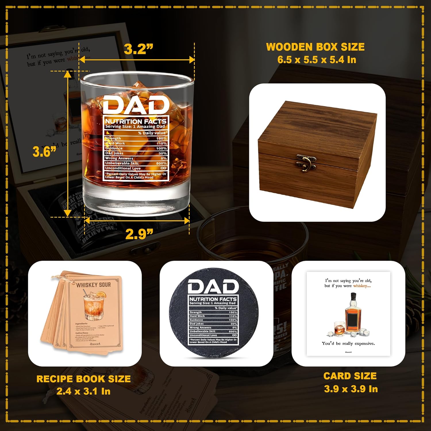 dad Whiskey Glass Gift Set – Funny Dad Nutrition Facts Design – Gifts for Dad from Daughter, Son, Wife – Birthday, Father’s Day, Christmas – Wooden Box, Coaster, Recipe Cards - Image 3
