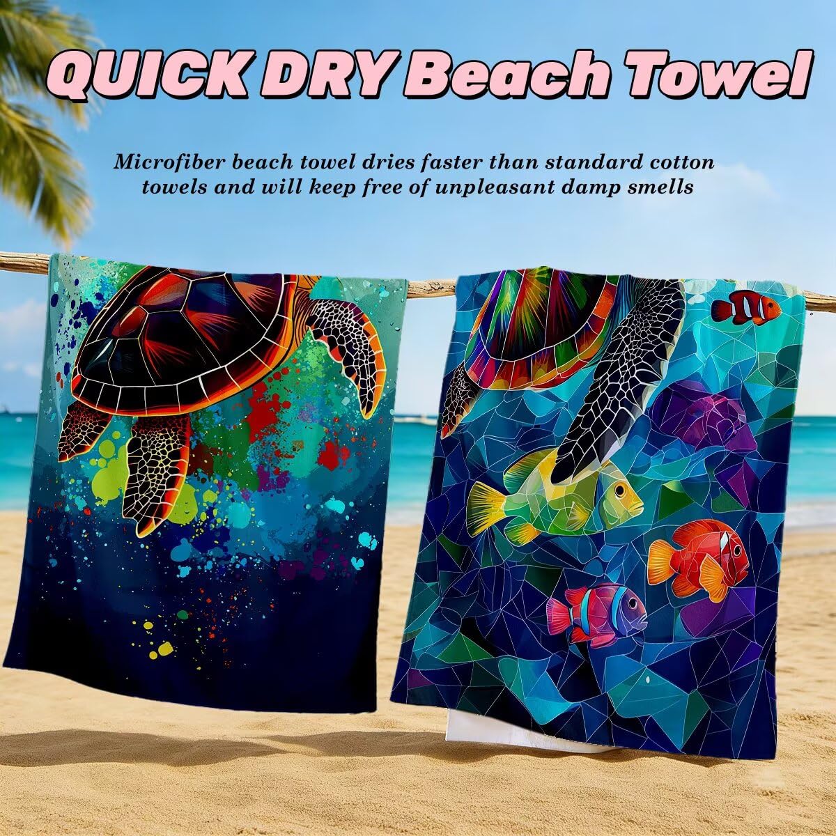 Juego de 2 Toalla Playa Grande 100x200 cm, Secado Rapido Toalla Microfibra Gimnasio, Antiarena Toallas de Playa Tortuga Marina, Grande Ligera Compacta Toallas Microfibra Mujer Hombre para Viaje -4376