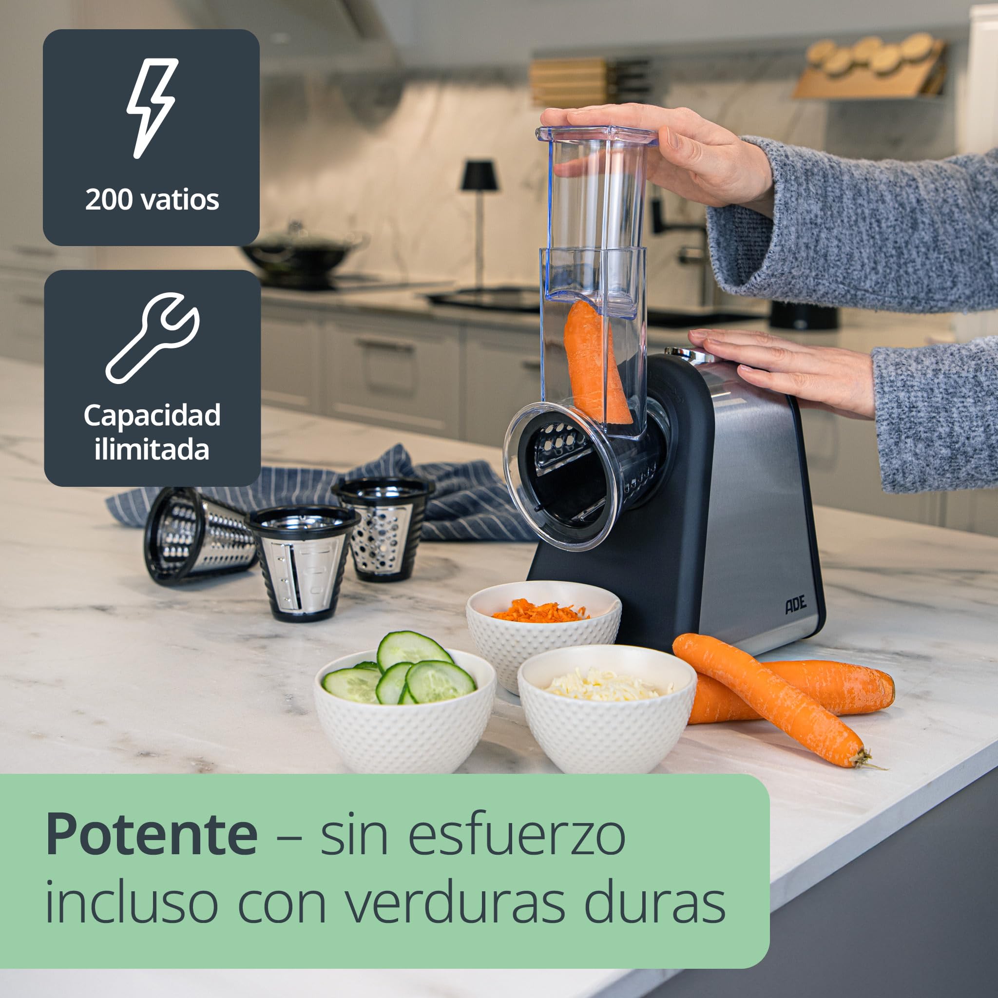 ADE Cortador de verduras eléctrico | Rallador para fruta, zanahorias, pepino, manzanas, nueces | 4 insertos extra afilados | Rallador de queso | 200 a 500 W