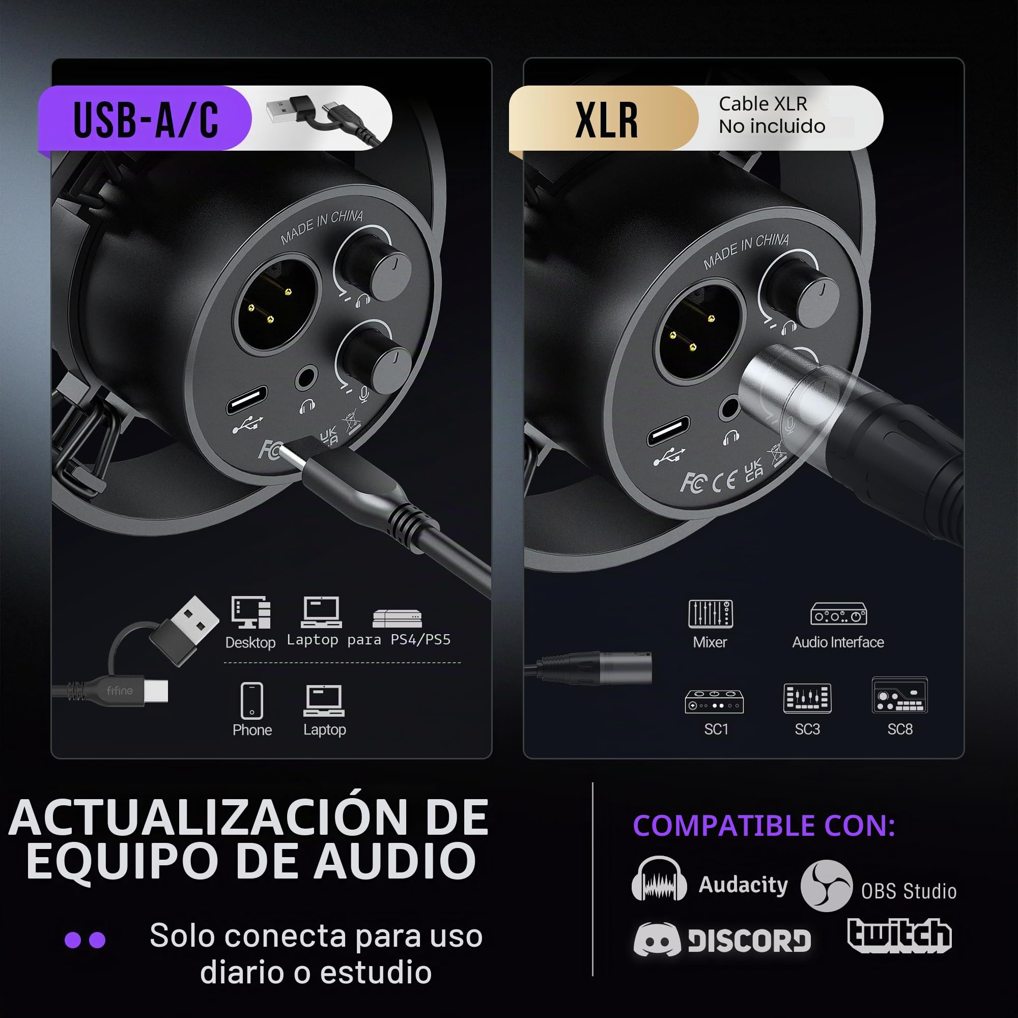 FIFINE K688CT - Kit de micrófono para podcast, micrófono dinámico USB/XLR con brazo de brazo para mezclador PC/XLR, micrófono para juegos con botón de silencio, conector para auriculares para voz, voz