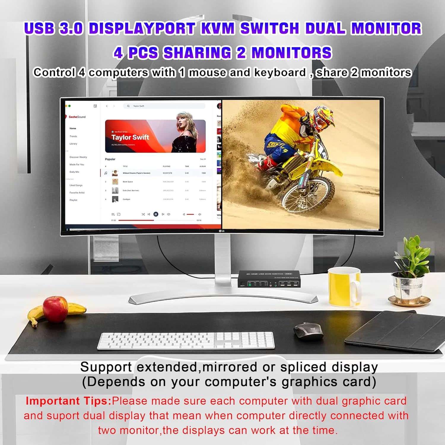 USB 3.0 Displayport Dual Monitor KVM Switch for 4 PCs, 4K 60Hz KVM Switch 2 Monitors 4 Computers, with Audio Microphone Output and 3 USB 3.0 Ports, DP Monitor Switch for 4 PCs 2 Monitors